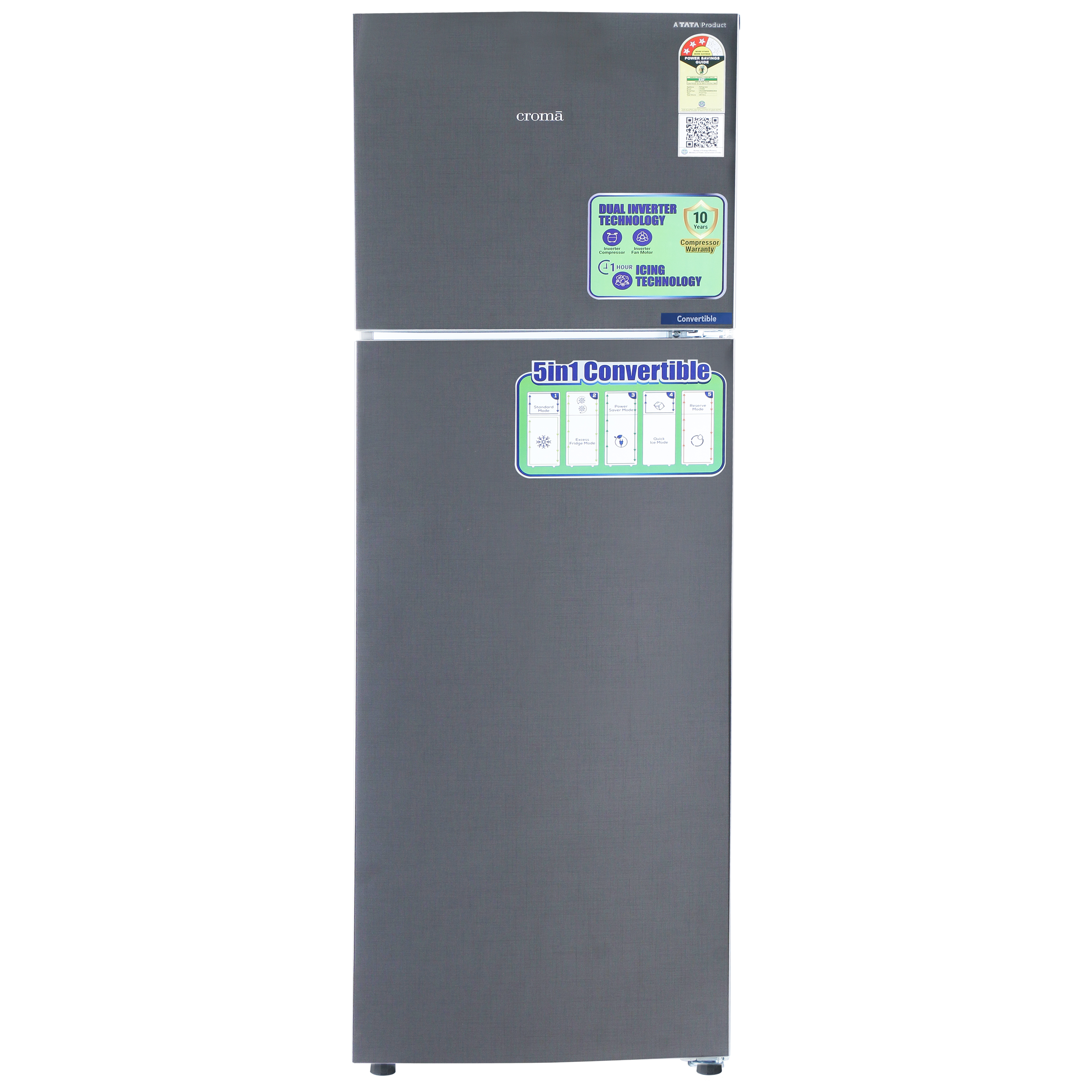 Croma 240 Litres 3 Star Frost Free Double Door Convertible Refrigerator with Dual Inverter Technology ( Criss Cross Metallic Grey)_1