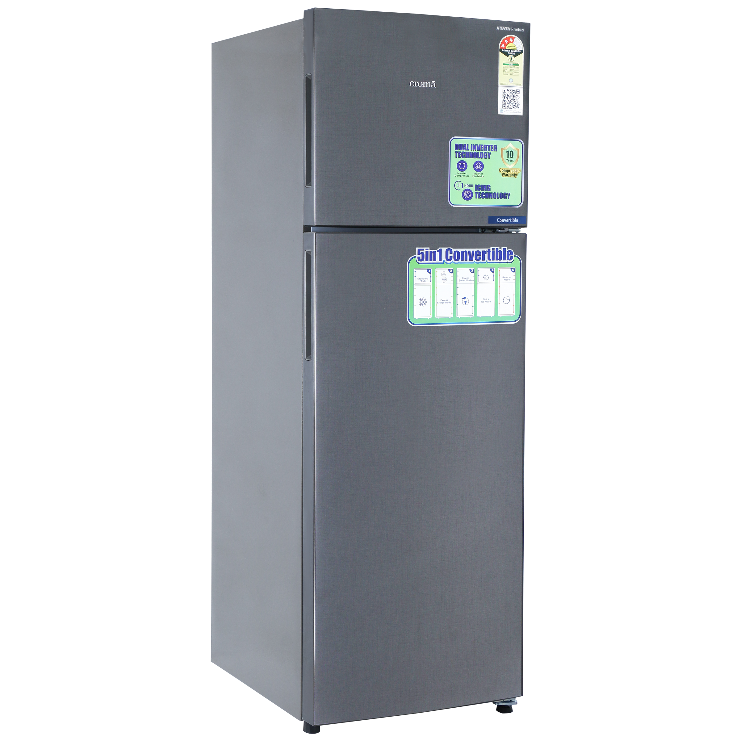 Croma 240 Litres 3 Star Frost Free Double Door Convertible Refrigerator with Dual Inverter Technology ( Criss Cross Metallic Grey)_11