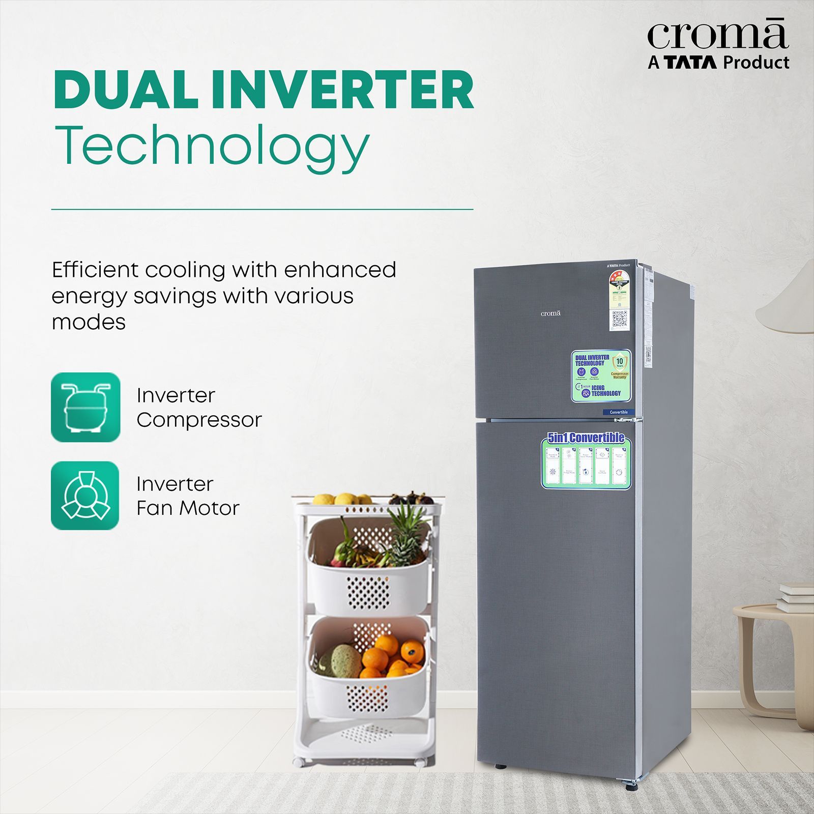Croma 240 Litres 3 Star Frost Free Double Door Convertible Refrigerator with Dual Inverter Technology ( Criss Cross Metallic Grey)_12