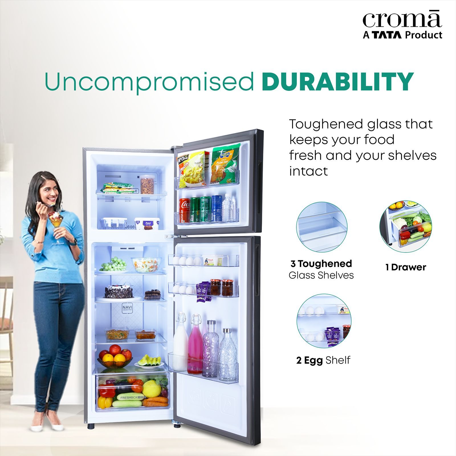 Croma 240 Litres 3 Star Frost Free Double Door Convertible Refrigerator with Dual Inverter Technology ( Criss Cross Metallic Grey)_14