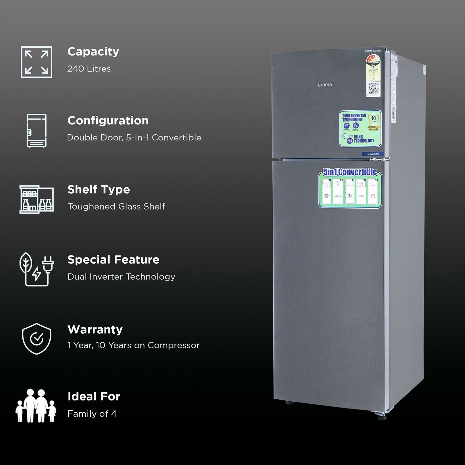 Croma 240 Litres 3 Star Frost Free Double Door Convertible Refrigerator with Dual Inverter Technology ( Criss Cross Metallic Grey)_2