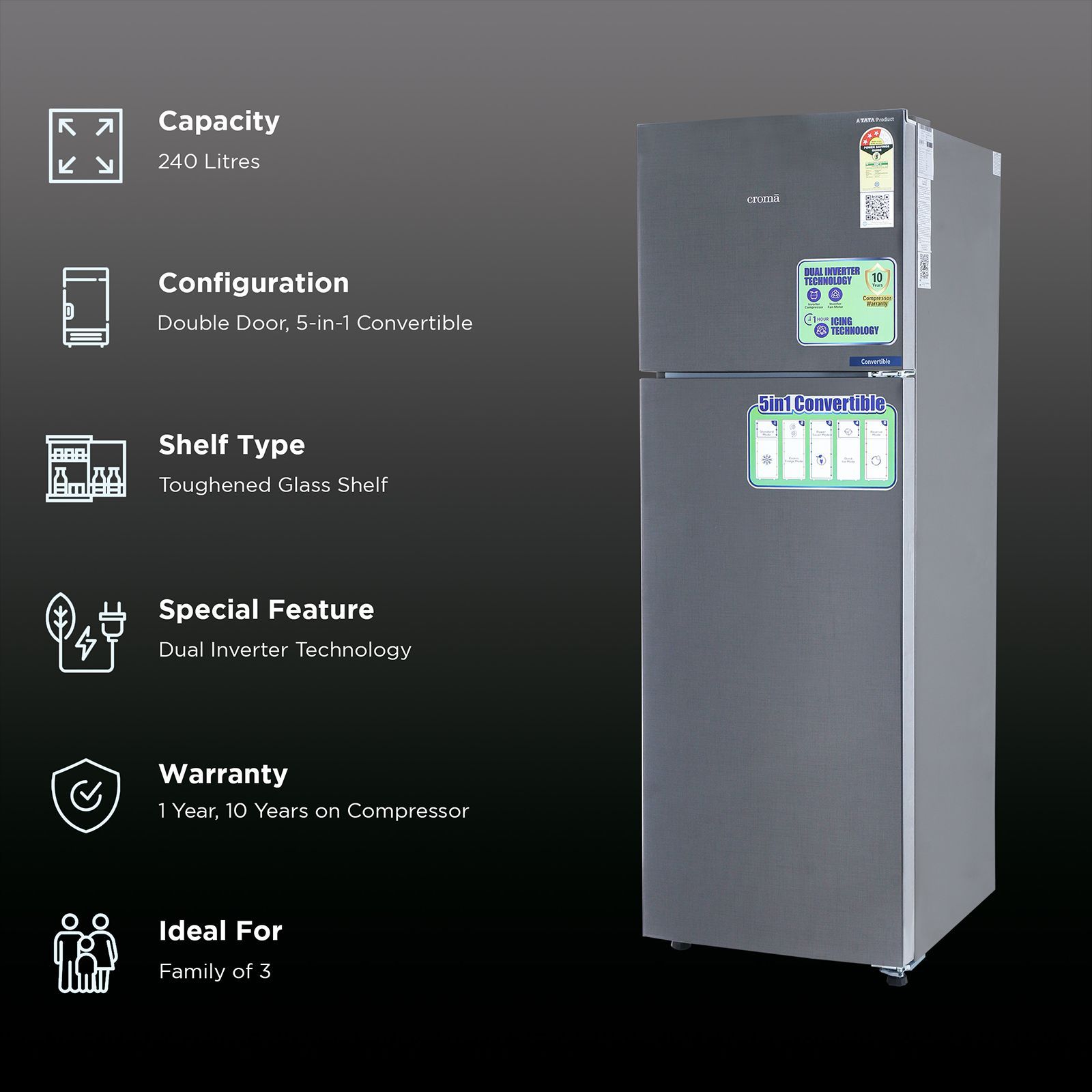 Croma 240 Litres 3 Star Frost Free Double Door Convertible Refrigerator with Dual Inverter Technology ( Criss Cross Metallic Grey)_2