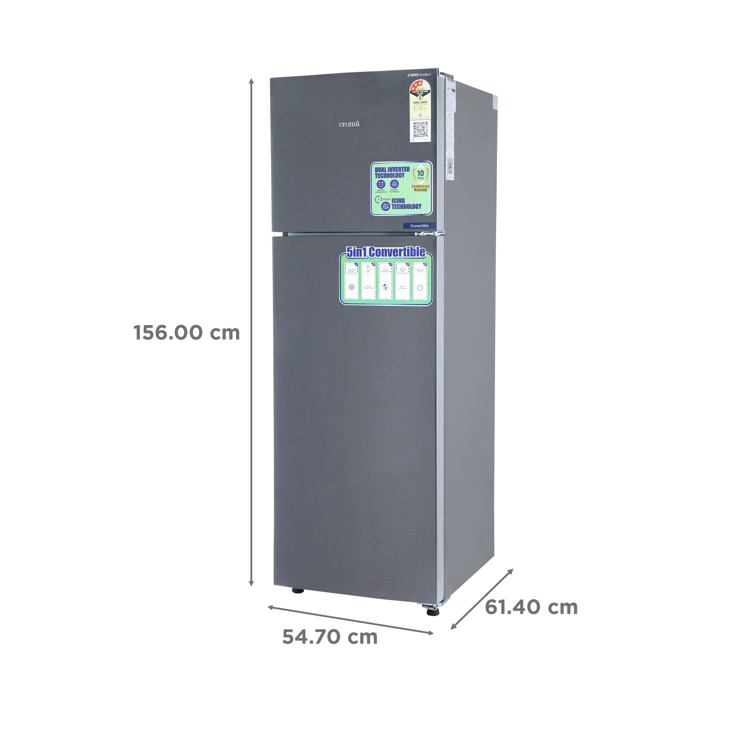 Croma 240 Litres 3 Star Frost Free Double Door Convertible Refrigerator with Dual Inverter Technology ( Criss Cross Metallic Grey)_3