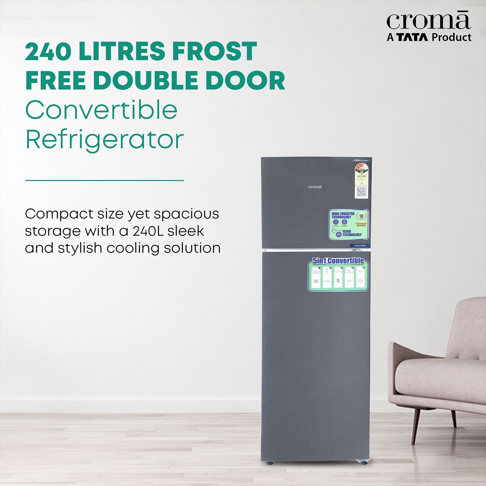 Croma 240 Litres 3 Star Frost Free Double Door Convertible Refrigerator with Dual Inverter Technology ( Criss Cross Metallic Grey)_5