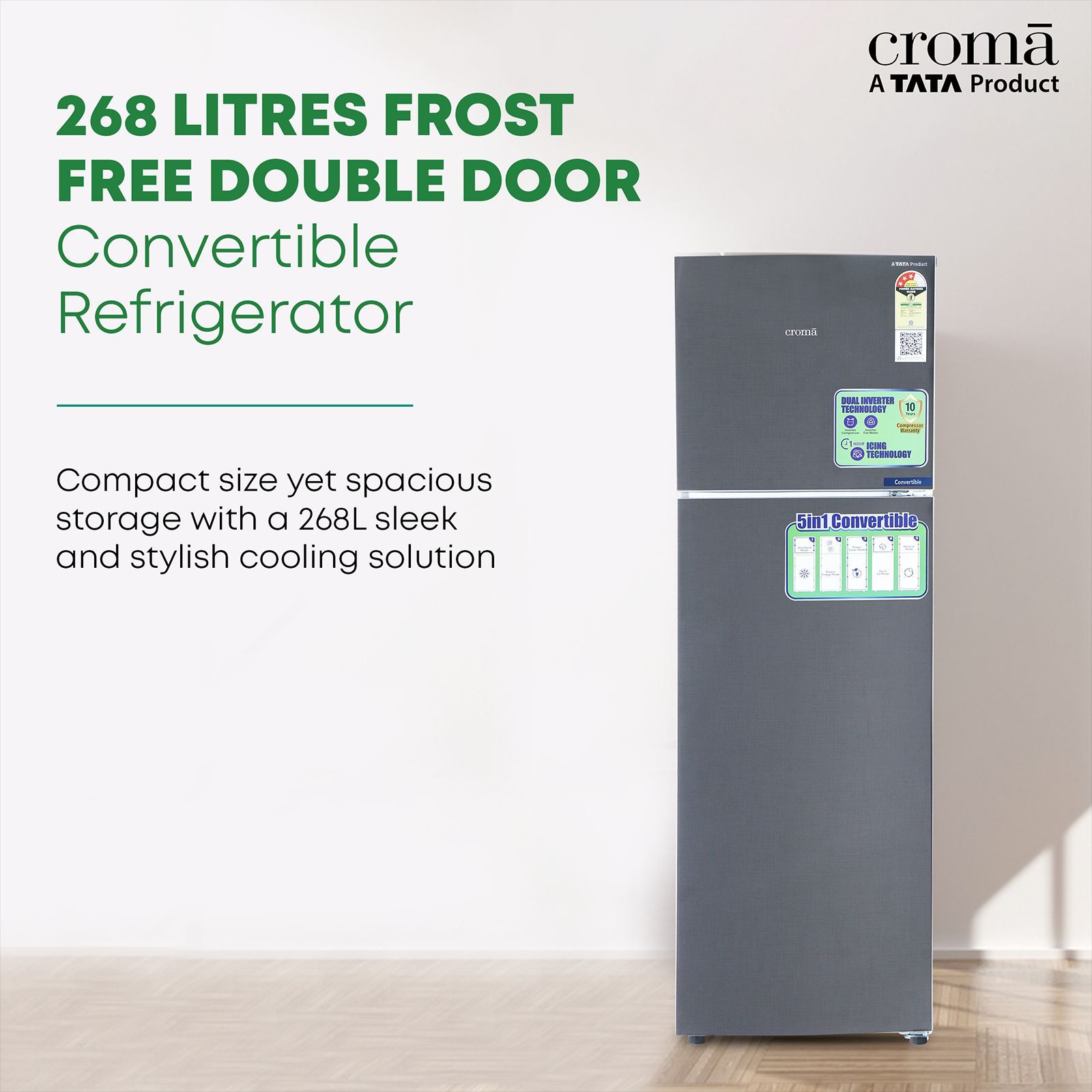 Croma 268 Litres 3 Star Frost Free Double Door Convertible Refrigerator with Dual Inverter Technology ( Criss Cross Metalic Grey)_10