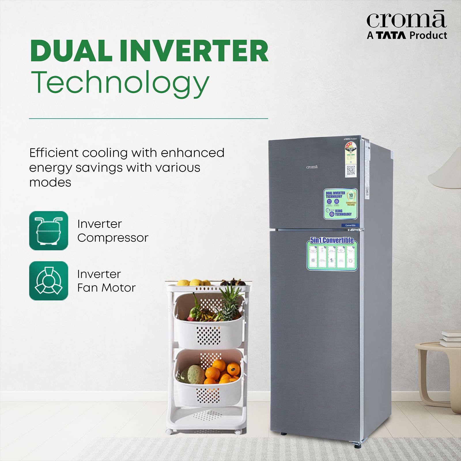 Croma 268 Litres 3 Star Frost Free Double Door Convertible Refrigerator with Dual Inverter Technology ( Criss Cross Metalic Grey)_12