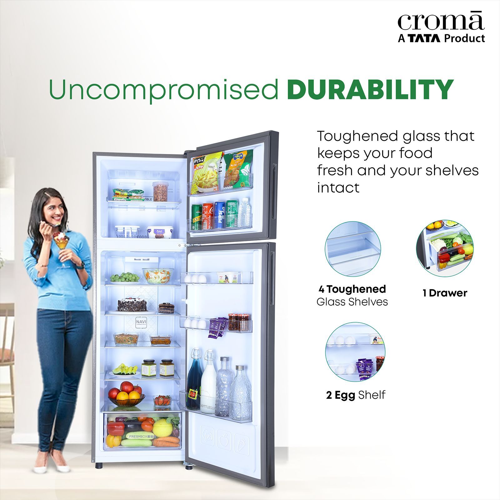 Croma 268 Litres 3 Star Frost Free Double Door Convertible Refrigerator with Dual Inverter Technology ( Criss Cross Metalic Grey)_14