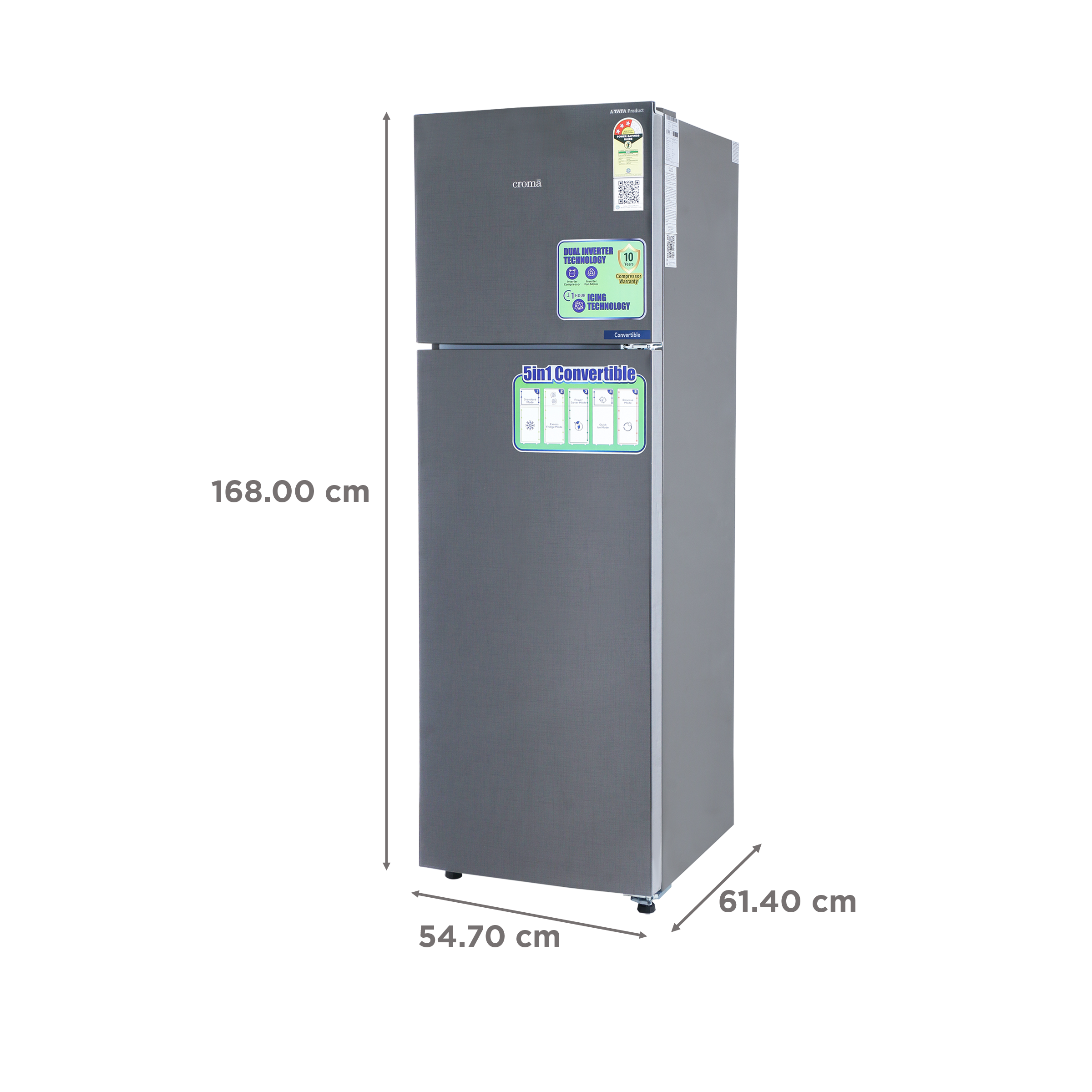 Croma 268 Litres 3 Star Frost Free Double Door Convertible Refrigerator with Dual Inverter Technology ( Criss Cross Metalic Grey)_3