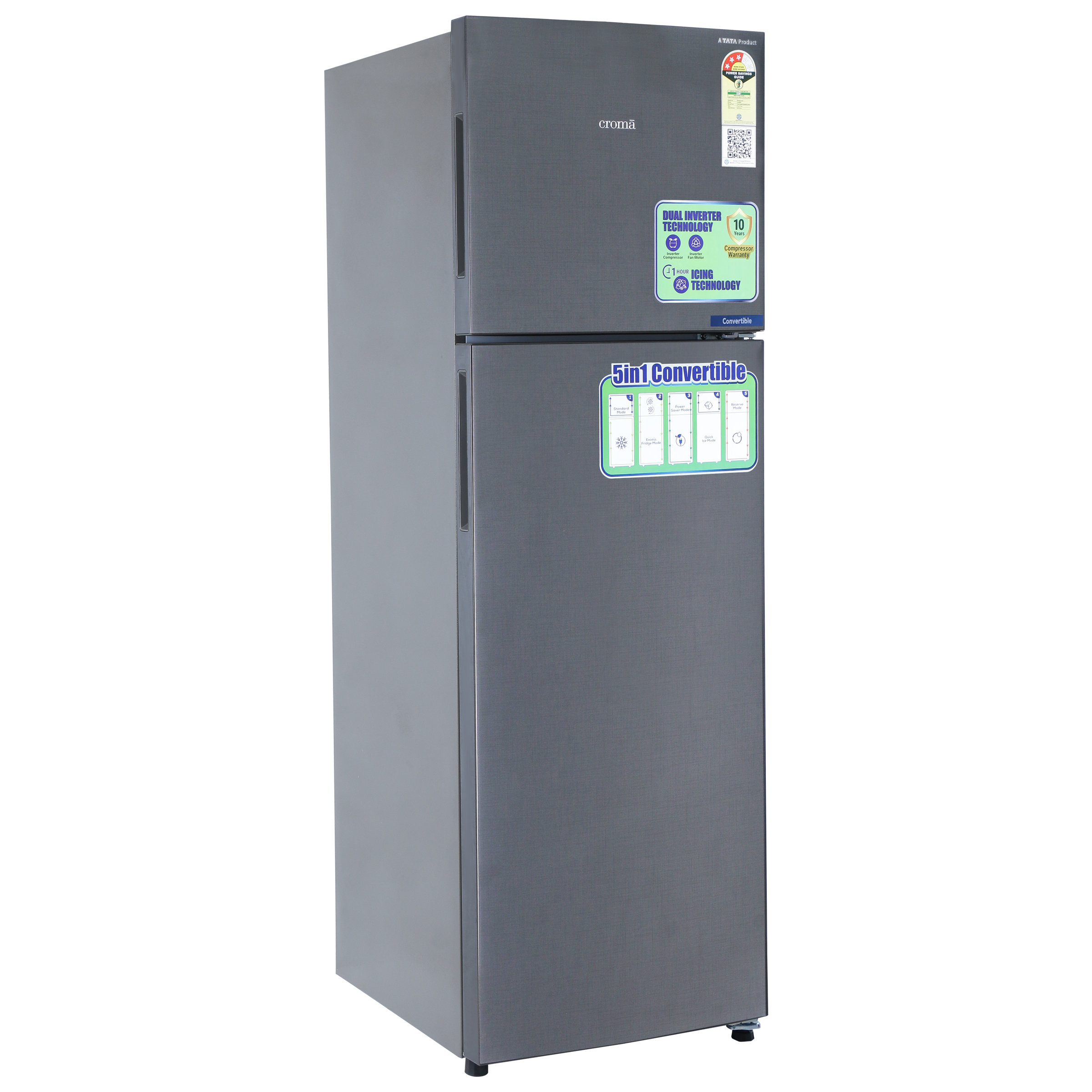 Croma 268 Litres 3 Star Frost Free Double Door Convertible Refrigerator with Dual Inverter Technology ( Criss Cross Metalic Grey)_4