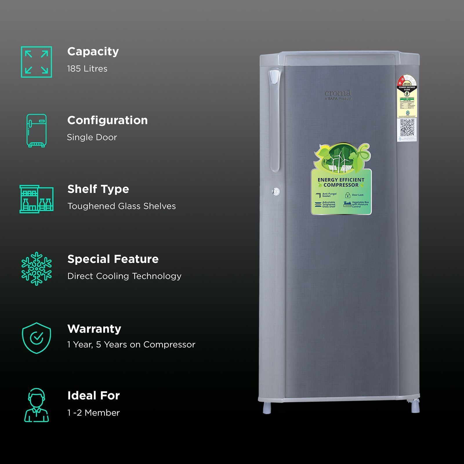 Croma 185 Litres 2 Star Direct Cool Single Door Refrigerator with Anti Fungal Gasket ( Criss Cross Metallic Grey)_2