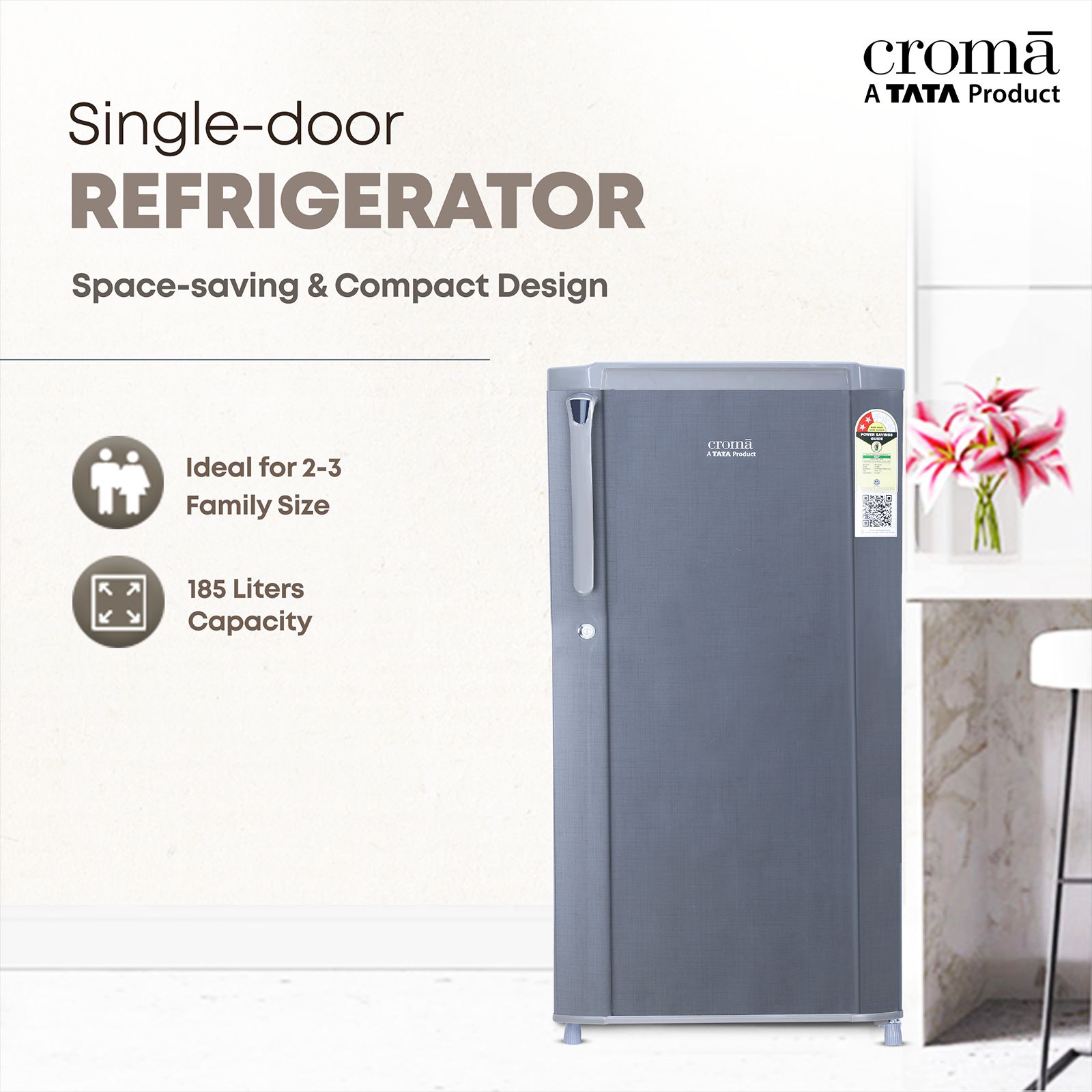 Croma 185 Litres 2 Star Direct Cool Single Door Refrigerator with Anti Fungal Gasket ( Criss Cross Metallic Grey)_5
