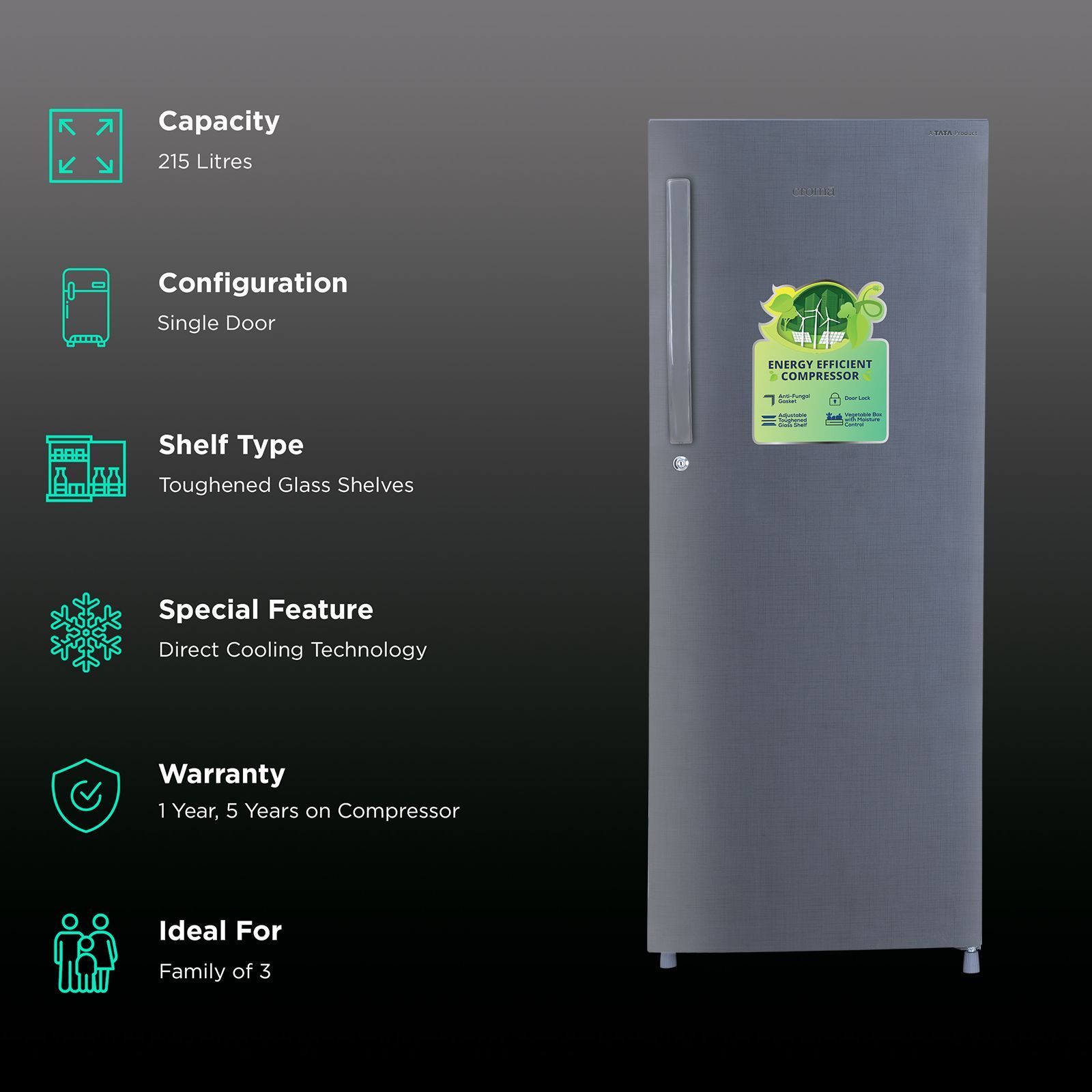 Croma 215 Litres 2 Star Direct Cool Single Door Refrigerator with Anti Fungal Gasket ( Criss Cross Metallic Grey)_2