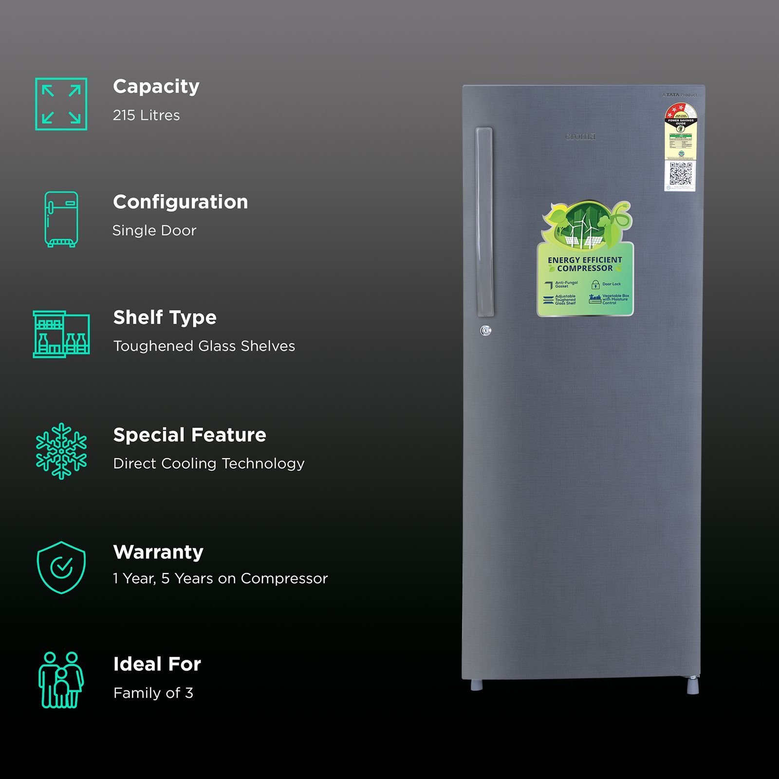 Croma 215 Litres 3 Star Direct Cool Single Door Refrigerator with Anti Fungal Gasket ( Criss Cross Metallic Grey)_2