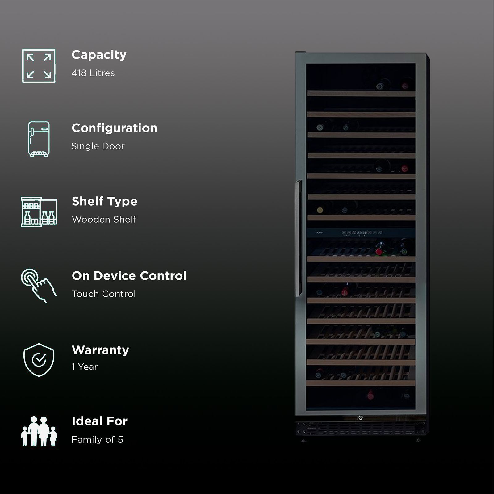 KAFF 418 Litres 171 Bottles Wine Cooler (Inner Glass with UV Protection, WC 418 DZ, Black)_2