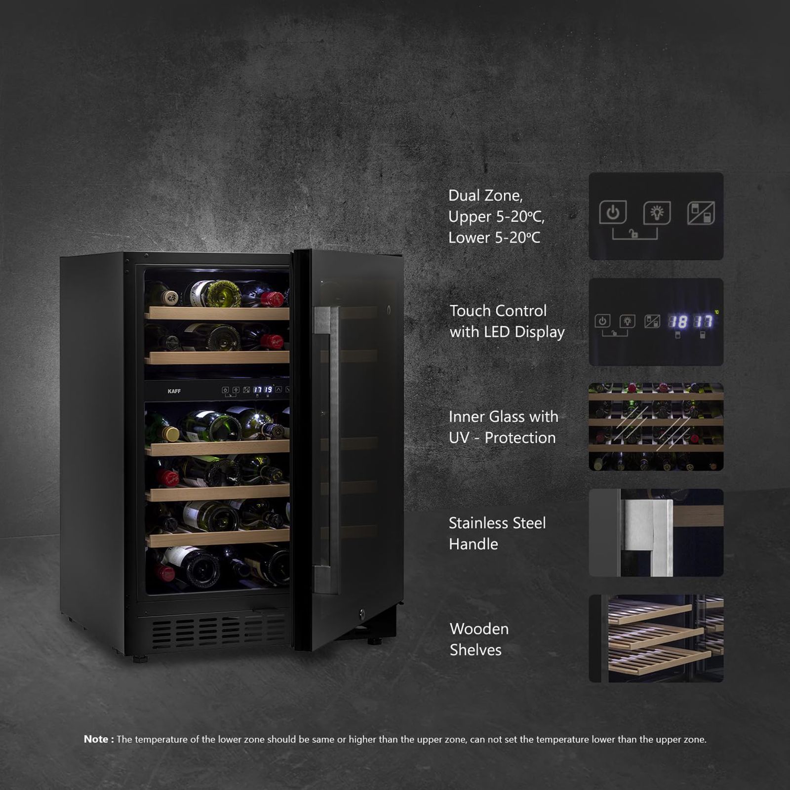 KAFF 135 Litres 46 Bottles Wine Cooler (Inner Glass with UV Protection, WC 135 DZ, Black)_8