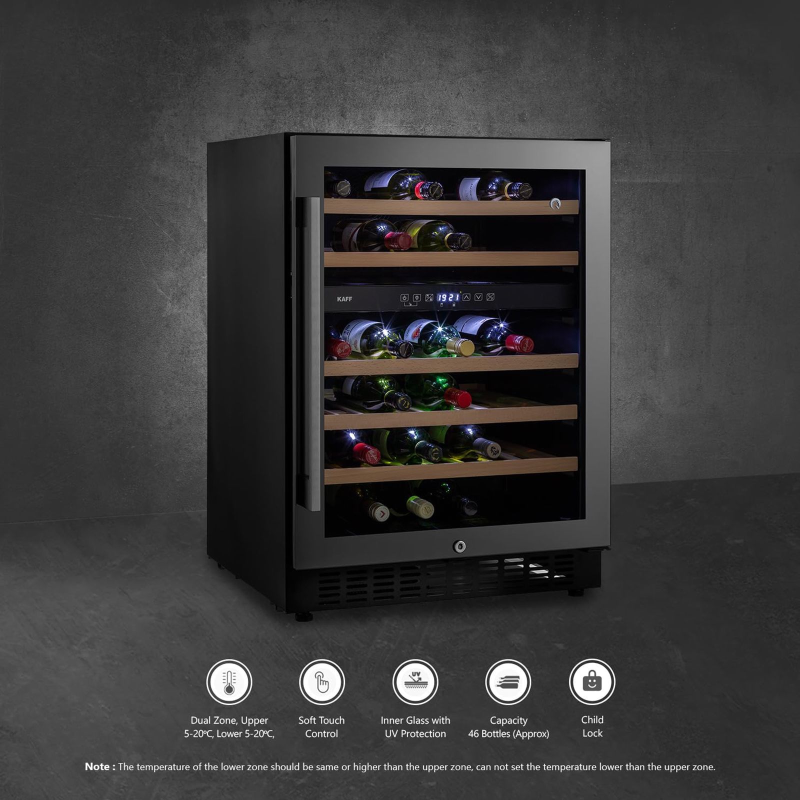 KAFF 135 Litres 46 Bottles Wine Cooler (Inner Glass with UV Protection, WC 135 DZ, Black)_9