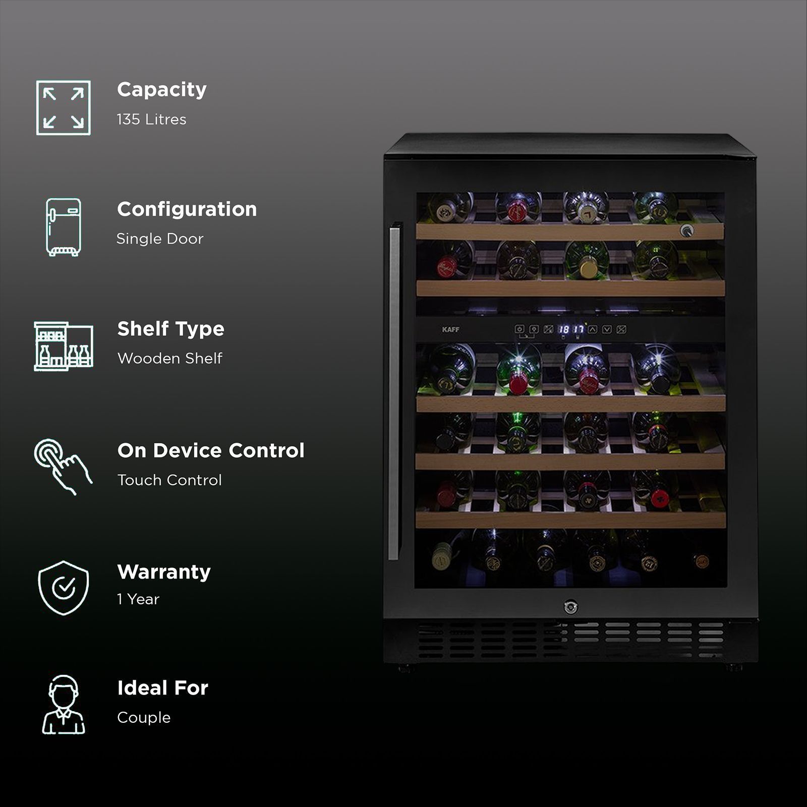 KAFF 135 Litres 46 Bottles Wine Cooler (Inner Glass with UV Protection, WC 135 DZ, Black)_2