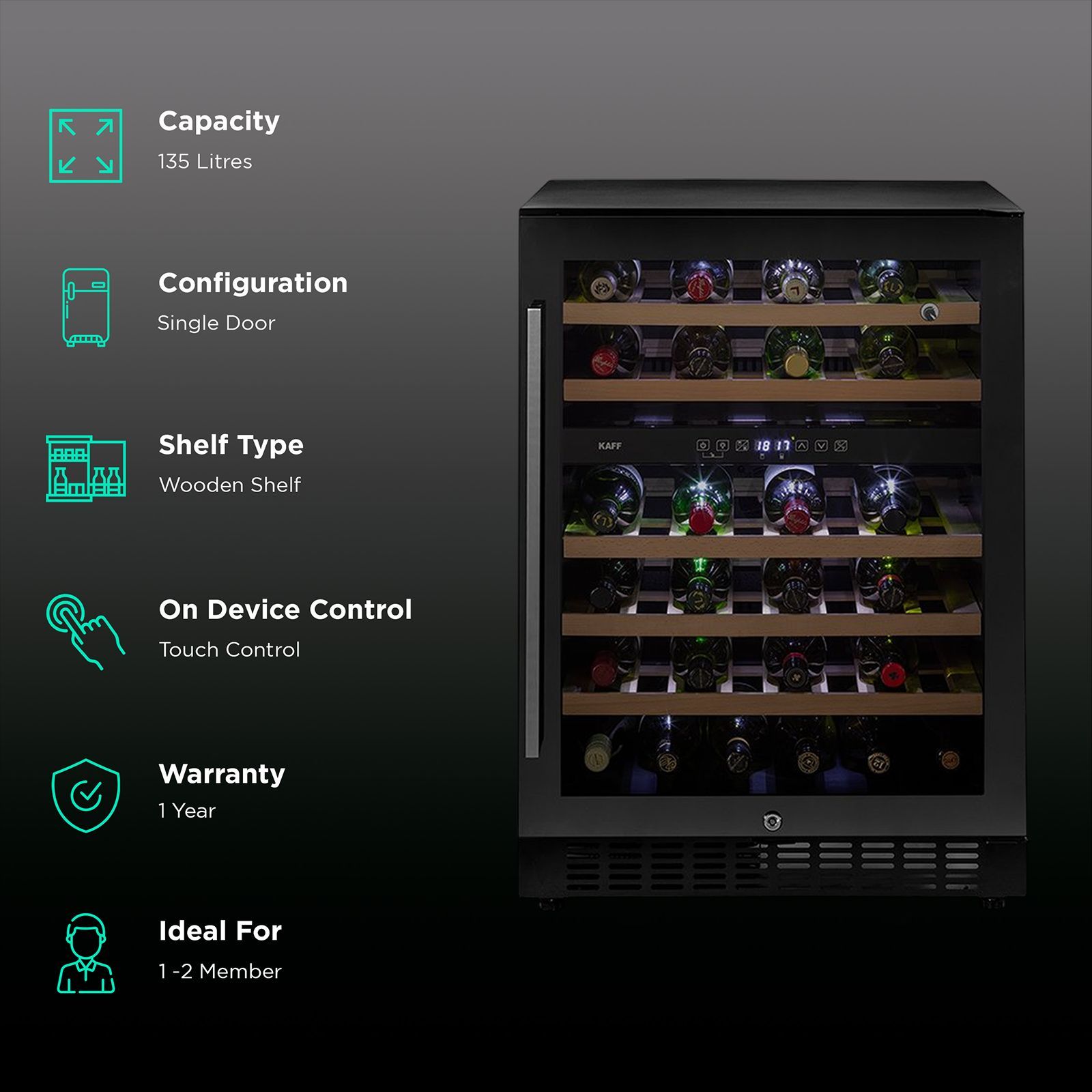 KAFF 135 Litres 46 Bottles Wine Cooler (Inner Glass with UV Protection, WC 135 DZ, Black)_2