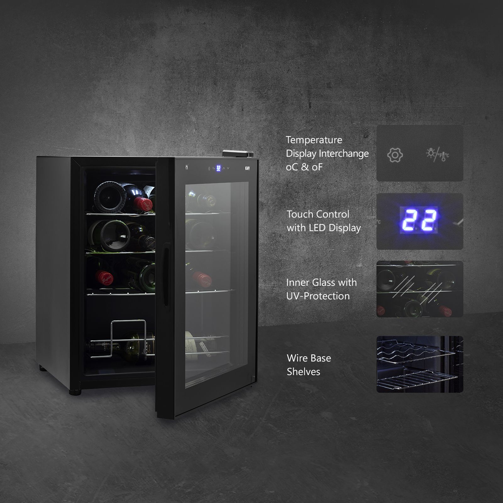 KAFF 42 Litres 16 Bottles Wine Cooler (Inner Glass with UV Protection, WC 42, Black)_12