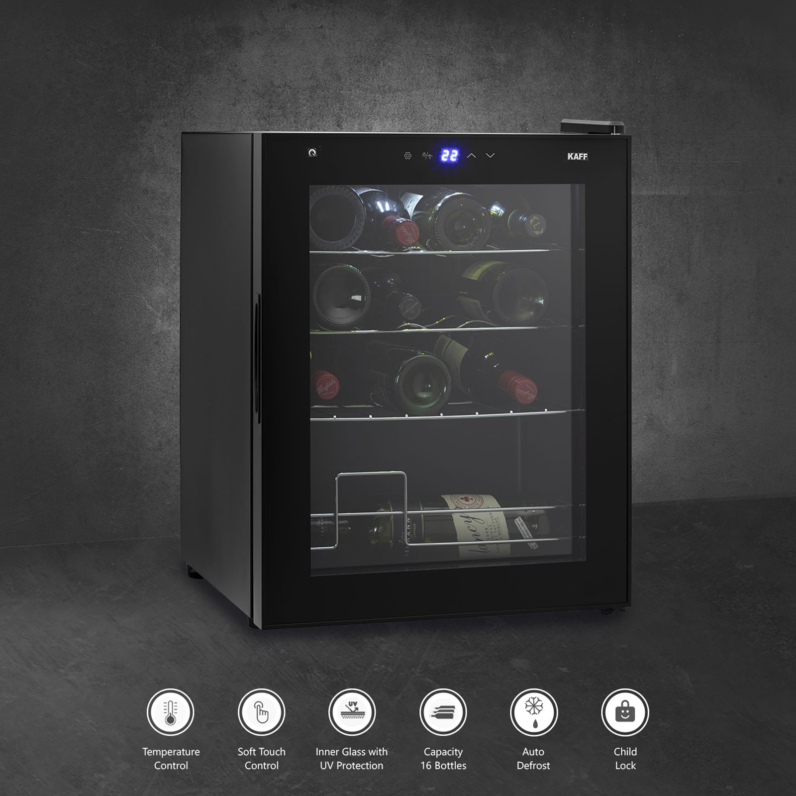 KAFF 42 Litres 16 Bottles Wine Cooler (Inner Glass with UV Protection, WC 42, Black)_13