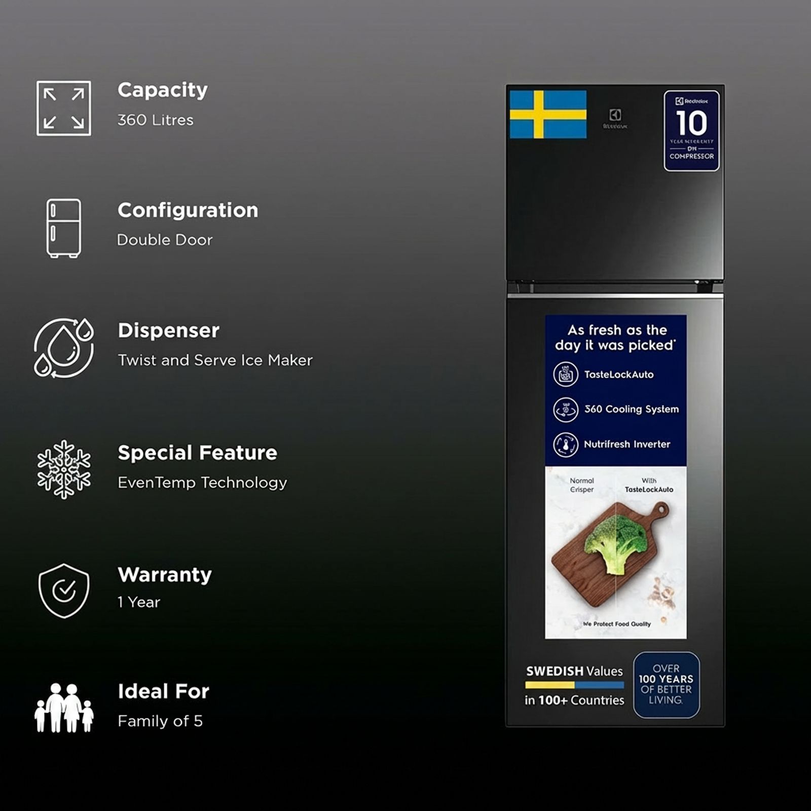 Electrolux UltimateTaste 300 341 Litres 2 Star Frost Free Double Door Refrigerator with Door Alarm (ETB3700K-H, Glossy Black Steel) Electrolux UltimateTaste 300 341 Litres 2 Star Frost Free Double Door Refrigerator with Door Alarm (ETB3700K-H, Glossy Black Steel)_2