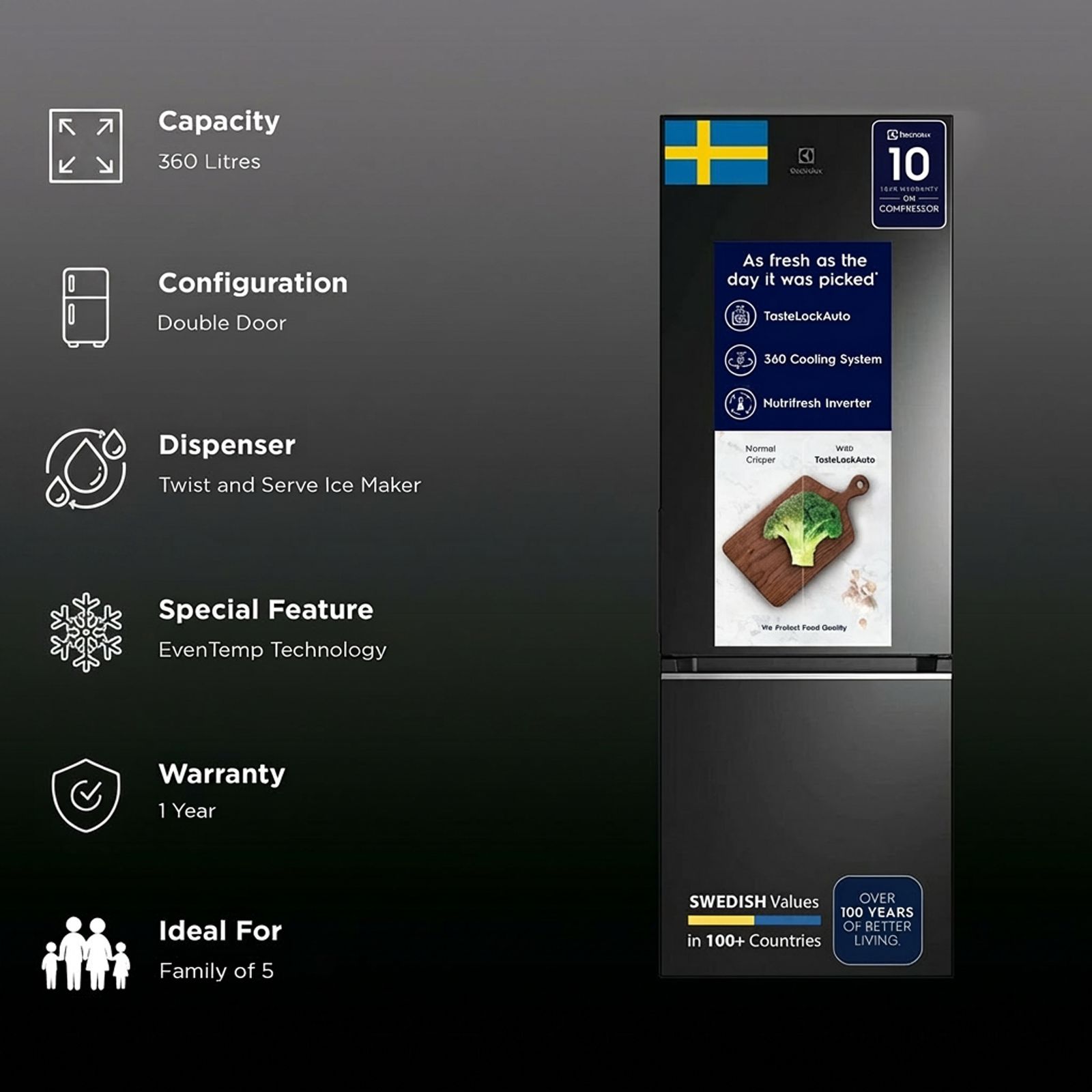 Electrolux UltimateTaste 300 335 Litres 1 Star Frost Free Double Door Bottom Mount Refrigerator with Door Alarm (EBB3702K-H, Glossy Black Steel)_2