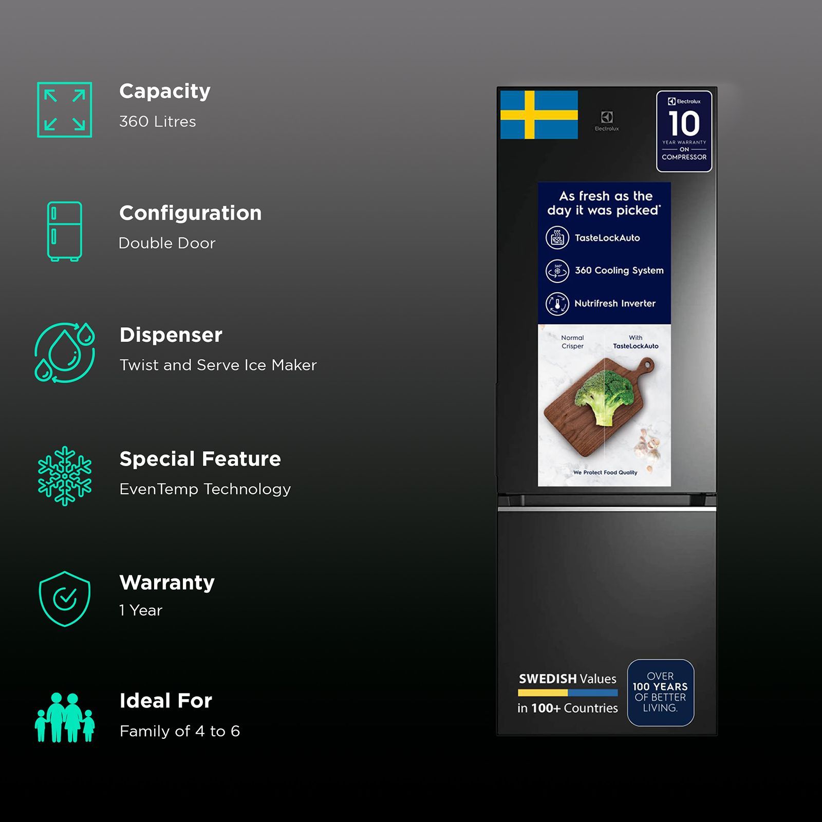 Electrolux UltimateTaste 300 335 Litres 1 Star Frost Free Double Door Bottom Mount Refrigerator with Door Alarm (EBB3702K-H, Glossy Black Steel) Electrolux UltimateTaste 300 335 Litres 1 Star Frost Free Double Door Bottom Mount Refrigerator with Door Alarm (EBB3702K-H, Glossy Black Steel)_2