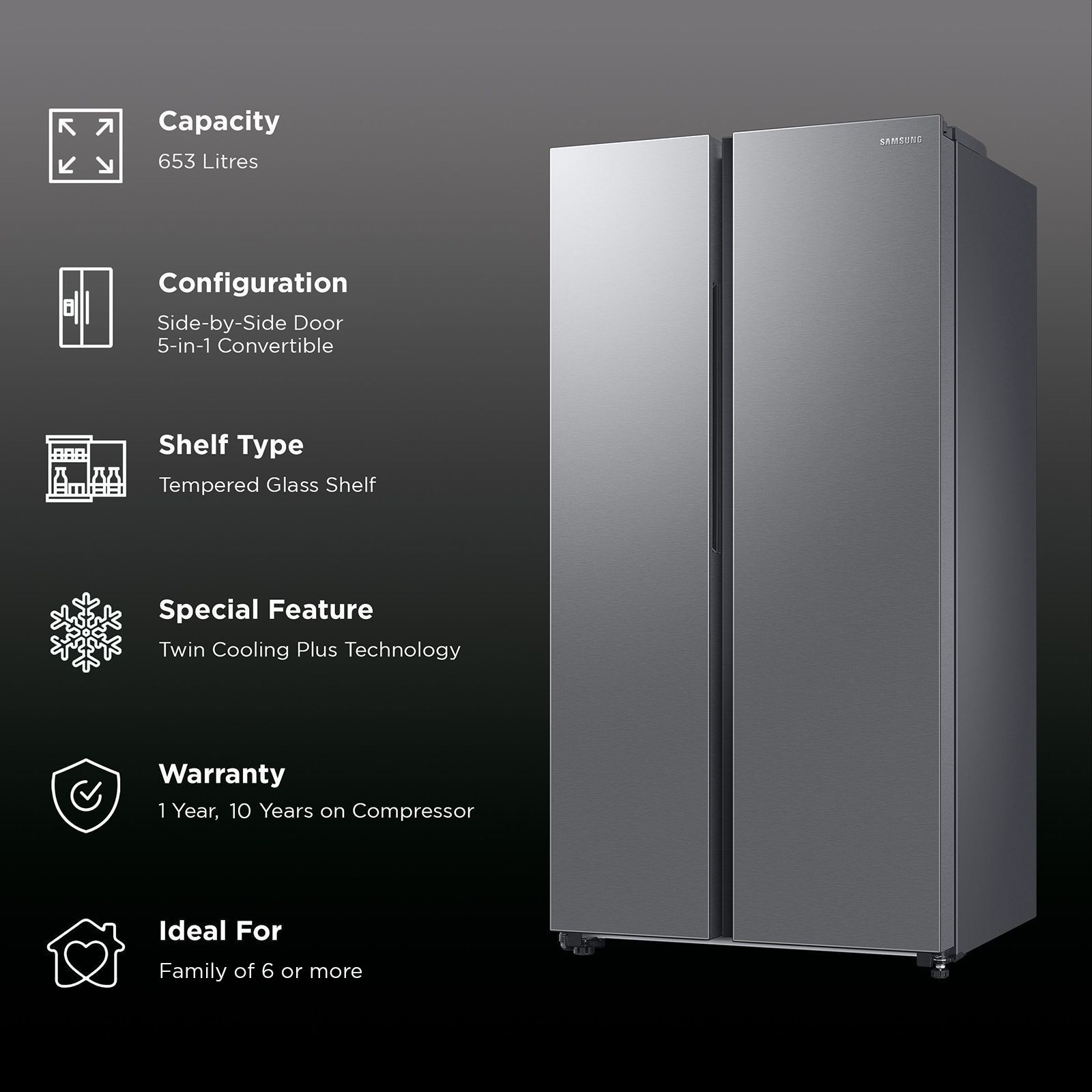 SAMSUNG 653 Litres 3 Star Auto Defrost Side by Side Convertible Refrigerator with Twin Cooling Plus (RS76CG8113SLHL, EZ Clean Steel) SAMSUNG 653 Litres 3 Star Auto Defrost Side by Side Convertible Refrigerator with Twin Cooling Plus (RS76CG8113SLHL, EZ Clean Steel)_2