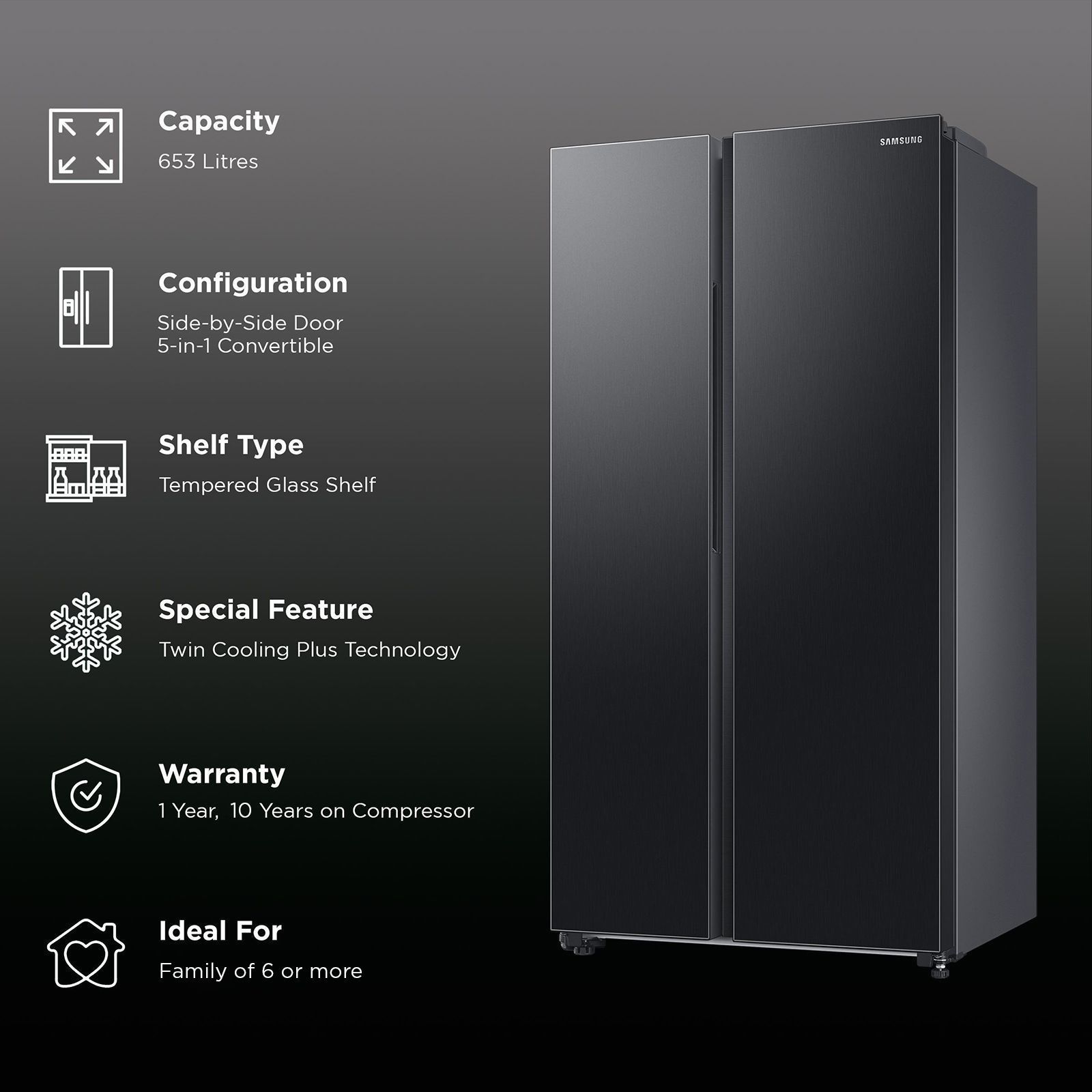 SAMSUNG 653 Litres 3 Star Side by Side Convertible Refrigerator with AI Energy Mode (RS76CG8113B1HL, Black DOI)_2