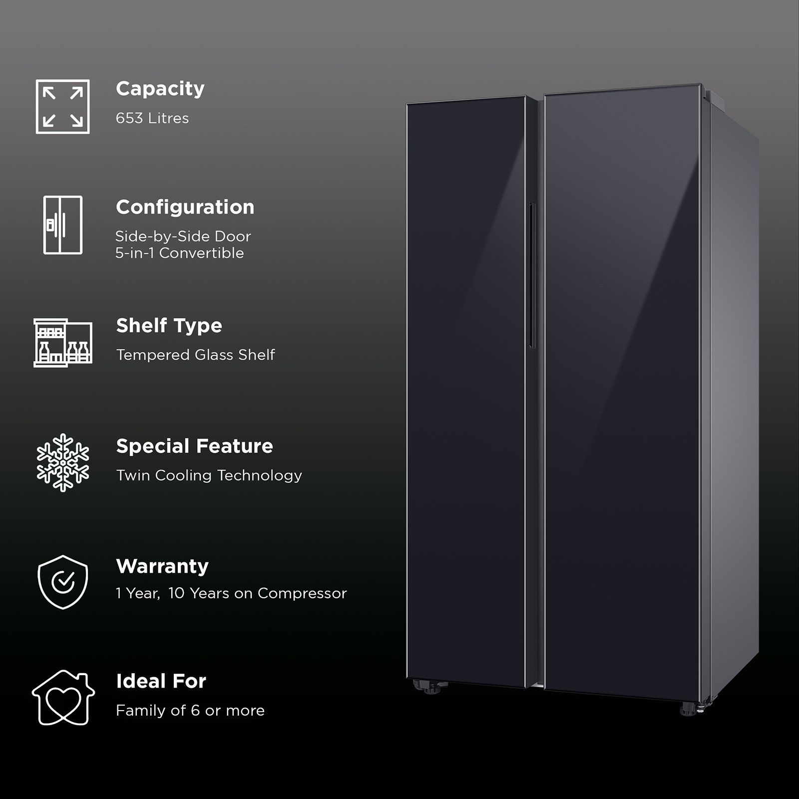 SAMSUNG 653 Litres 3 Star Side by Side Refrigerator with AI Energy Mode (RS76CB811333HL, Glam Deep Charcoal) SAMSUNG 653 Litres 3 Star Side by Side Refrigerator with AI Energy Mode (RS76CB811333HL, Glam Deep Charcoal)_2
