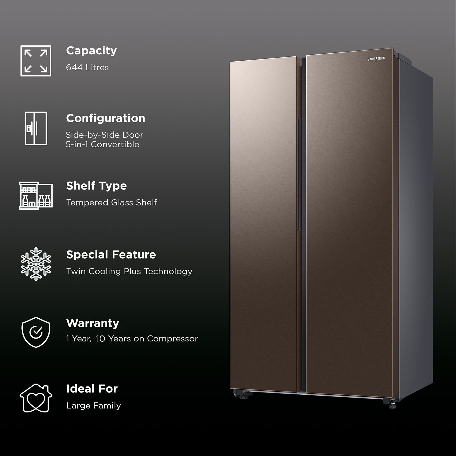 SAMSUNG 644 Litres 3 Star Auto Defrost Side by Side Refrigerator with Twin Cooling Plus (RS76CG8133DXHL, Luxe Brown)_2