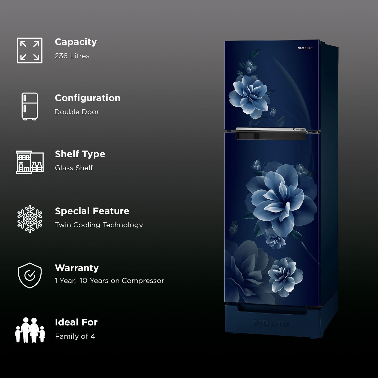 SAMSUNG 236 Litres 2 Star Frost Free Double Door Refrigerator with Digital Inverter Technology (RT28C3122CU/HL, Camellia Blue)_2