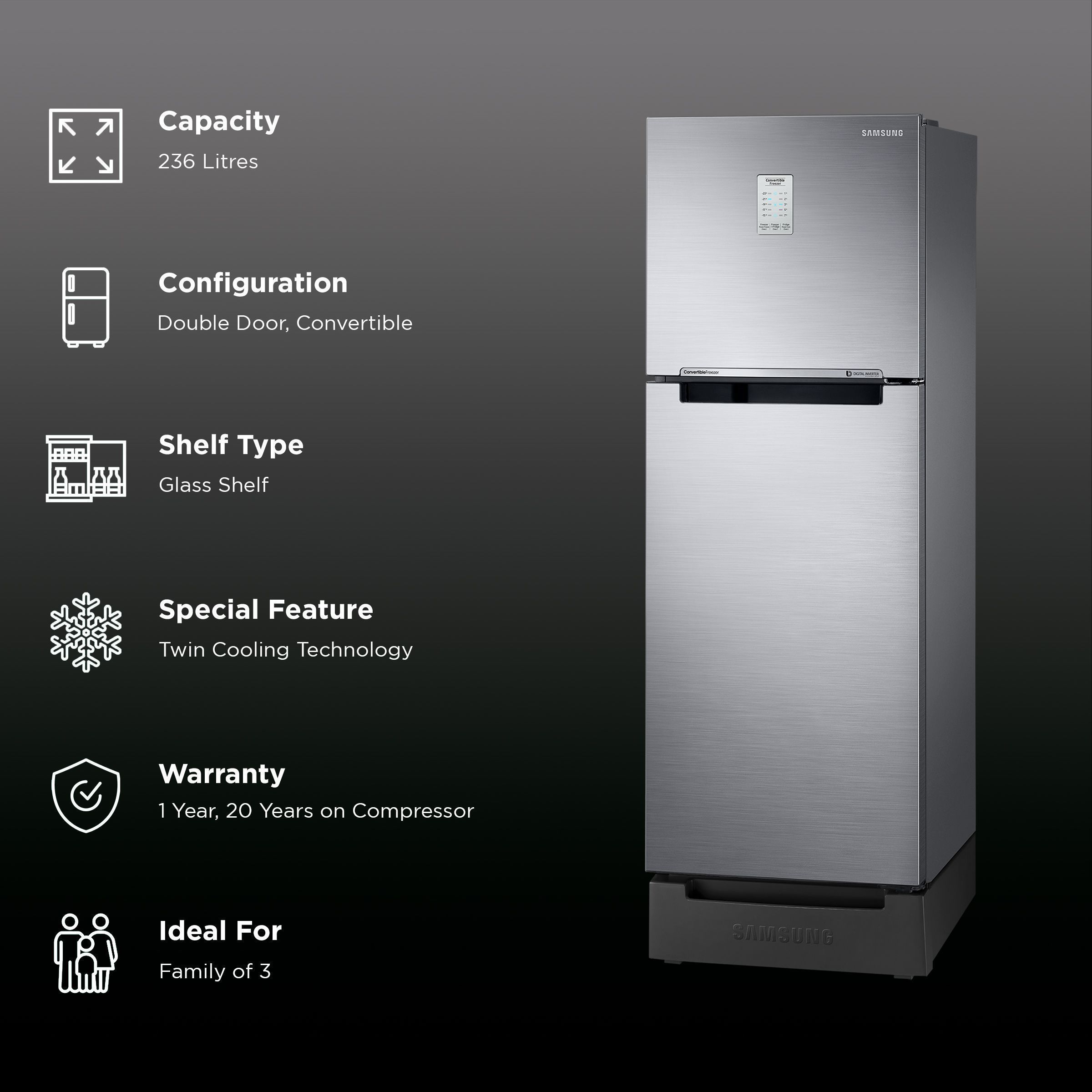 SAMSUNG 236 Litres 2 Star Auto Defrost Double Door Convertible Refrigerator with Convertible Freezer (RT28C3832S8/HL, Elegant Inox)_2