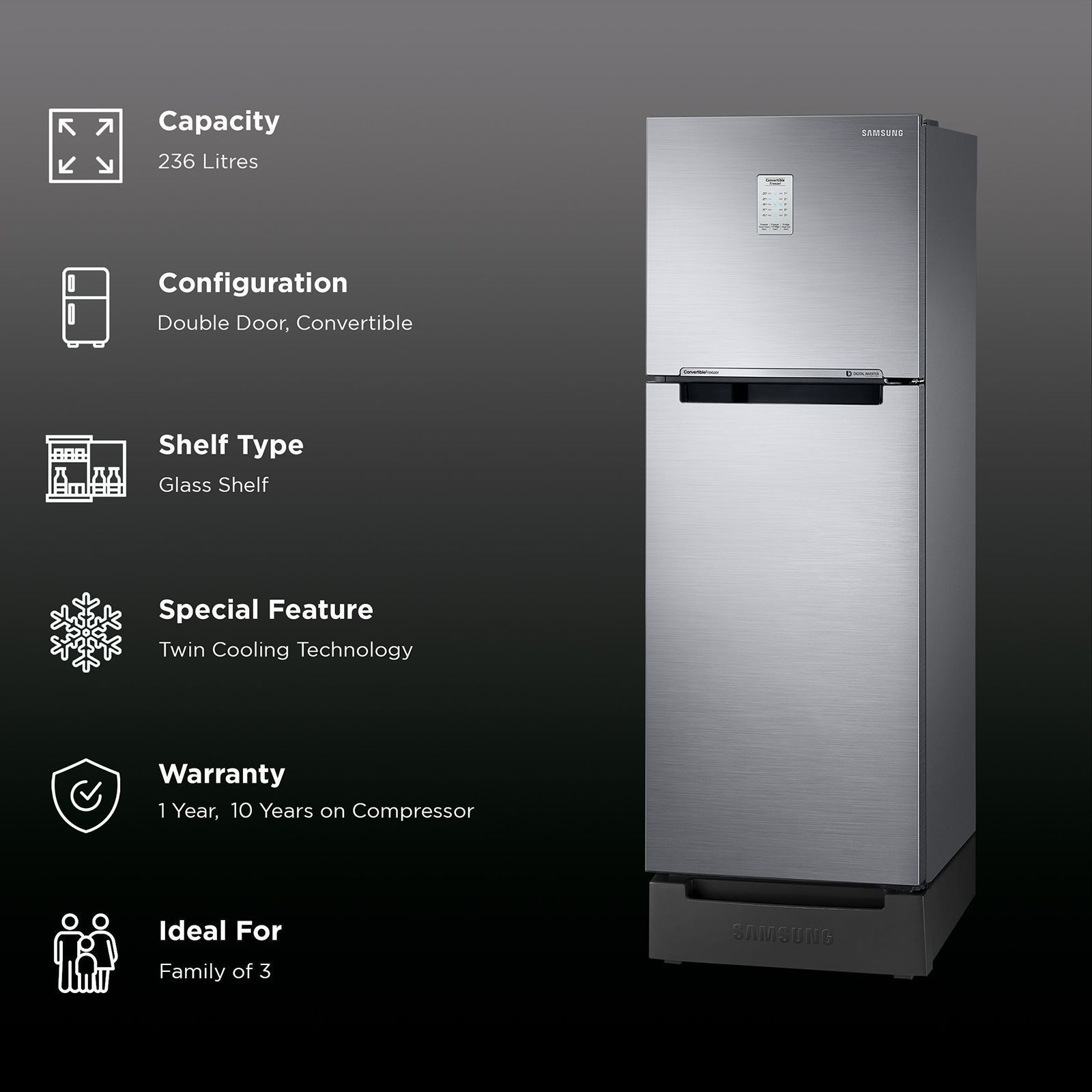 SAMSUNG 236 Litres 2 Star Auto Defrost Double Door Convertible Refrigerator with Convertible Freezer (RT28C3832S8/HL, Elegant Inox)_2