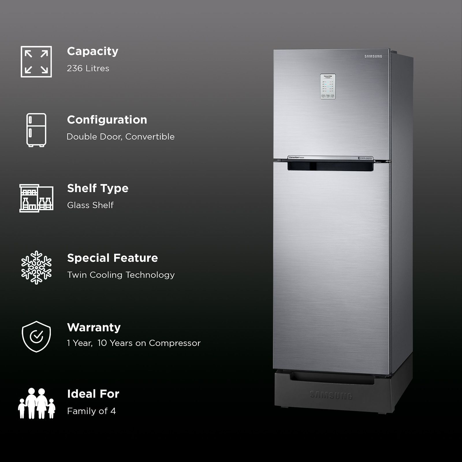 SAMSUNG 236 Litres 2 Star Auto Defrost Double Door Convertible Refrigerator with Convertible Freezer (RT28C3832S8/HL, Elegant Inox)_2