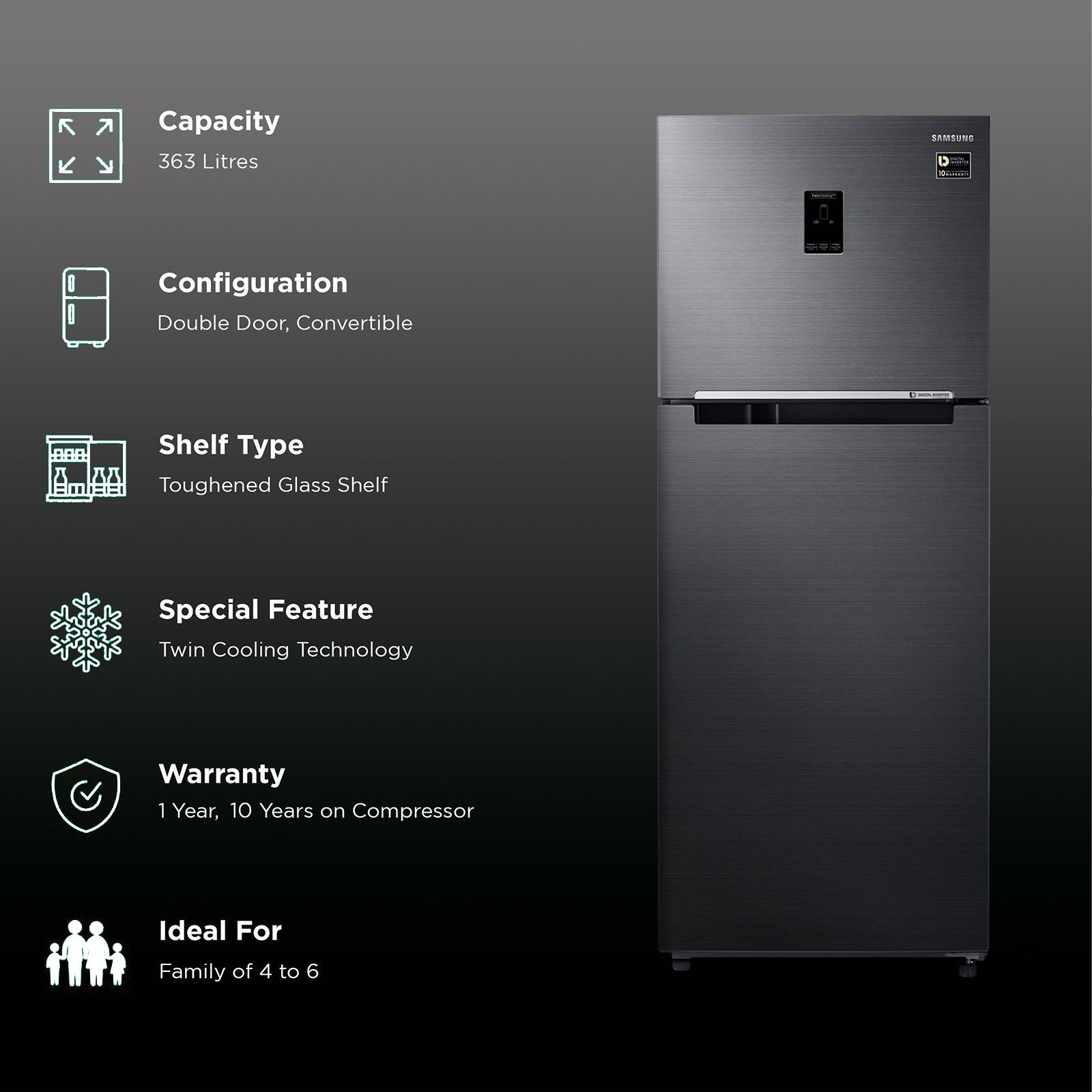 SAMSUNG 363 Litres 2 Star Frost Free Double Door Convertible Refrigerator with Digital Inverter Technology (RT39C5532BS/HL, Black Inox) SAMSUNG 363 Litres 2 Star Frost Free Double Door Convertible Refrigerator with Digital Inverter Technology (RT39C5532BS/HL, Black Inox)_2