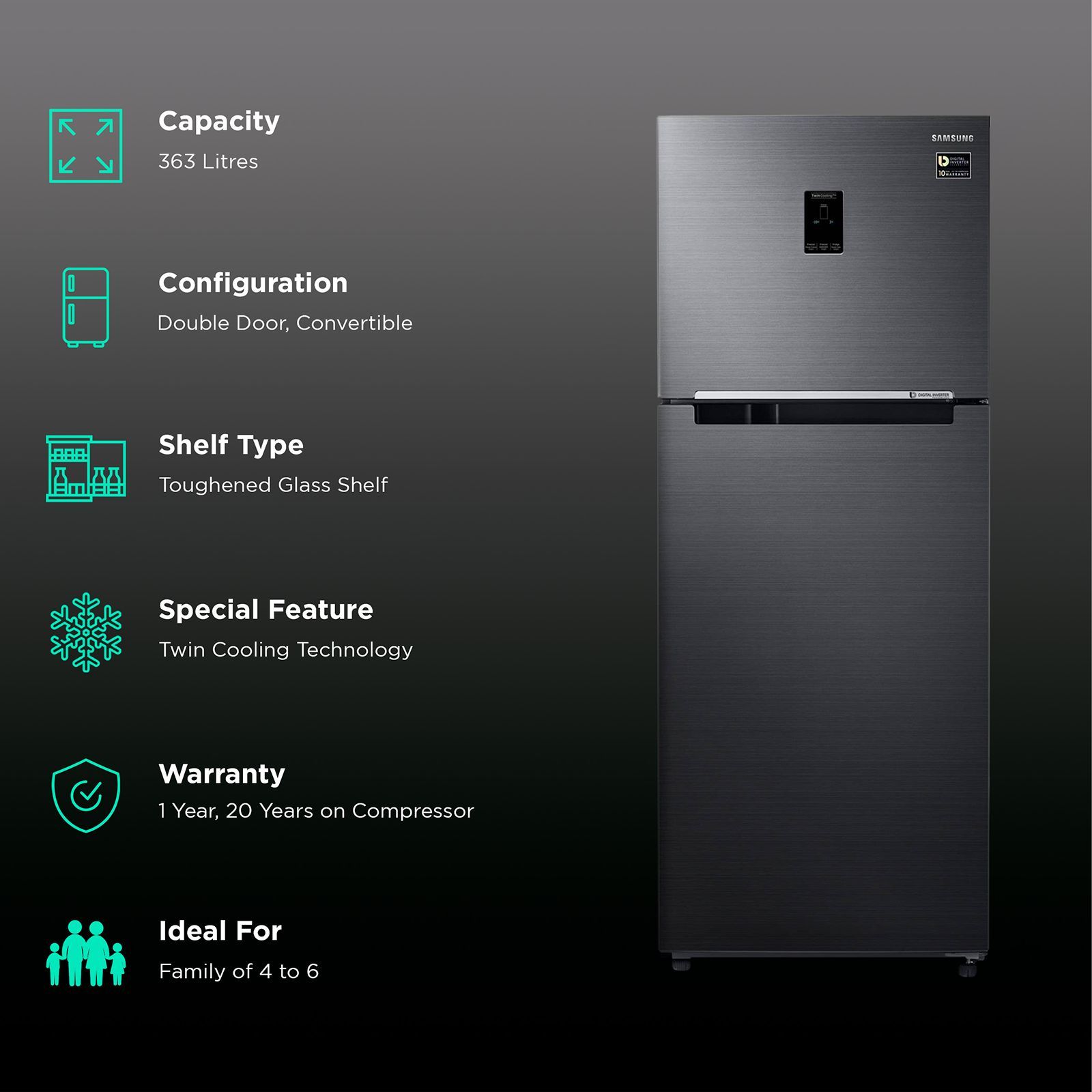 SAMSUNG 363 Litres 2 Star Frost Free Double Door Convertible Refrigerator with Digital Inverter Technology (RT39C5532BS/HL, Black Inox) SAMSUNG 363 Litres 2 Star Frost Free Double Door Convertible Refrigerator with Digital Inverter Technology (RT39C5532BS/HL, Black Inox)_2