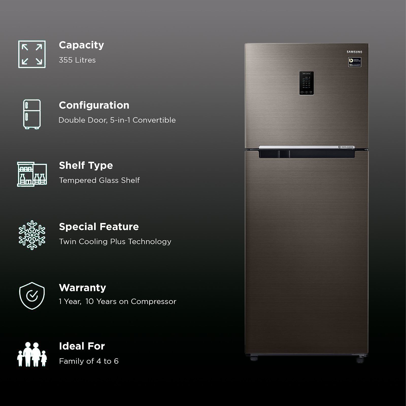 SAMSUNG 355 Litres 2 Star Frost Free Double Door Convertible Refrigerator with Twin Cooling Plus (RT39C5C32DX/HL, Black Inox)_2