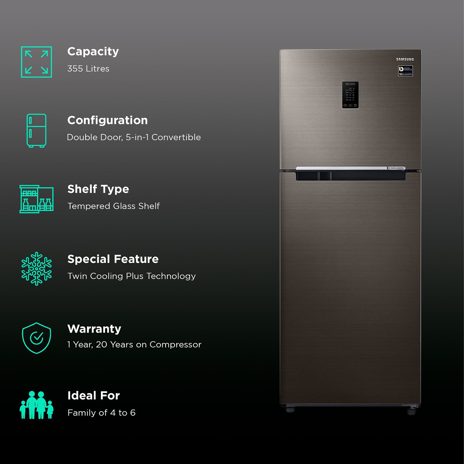 SAMSUNG 355 Litres 2 Star Frost Free Double Door Convertible Refrigerator with Twin Cooling Plus (RT39C5C32DX/HL, Black Inox)_2