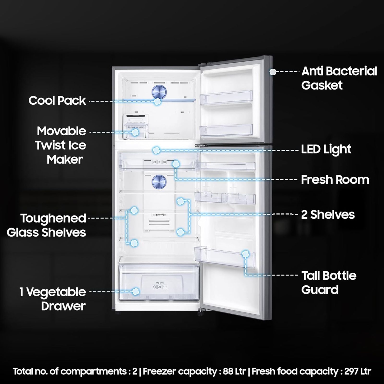 SAMSUNG 385 Litres 2 Star Frost Free Double Door Convertible Refrigerator with Deodorizer (RT42C5532S9/HL, Refined Inox)_8