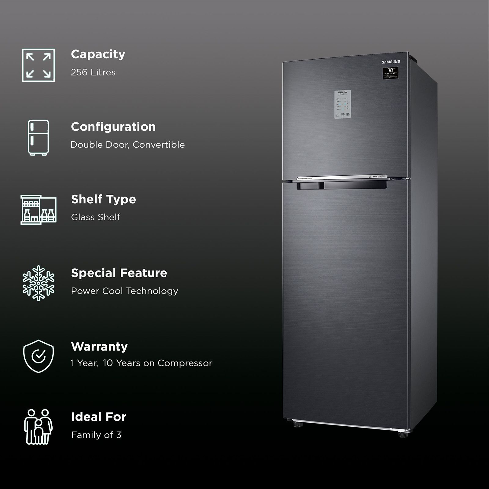 SAMSUNG 256 Litres 2 Star Frost Free Double Door Convertible Refrigerator with Smart Connect Inverter (RT30C3742BX/HL, Luxe Black)_2