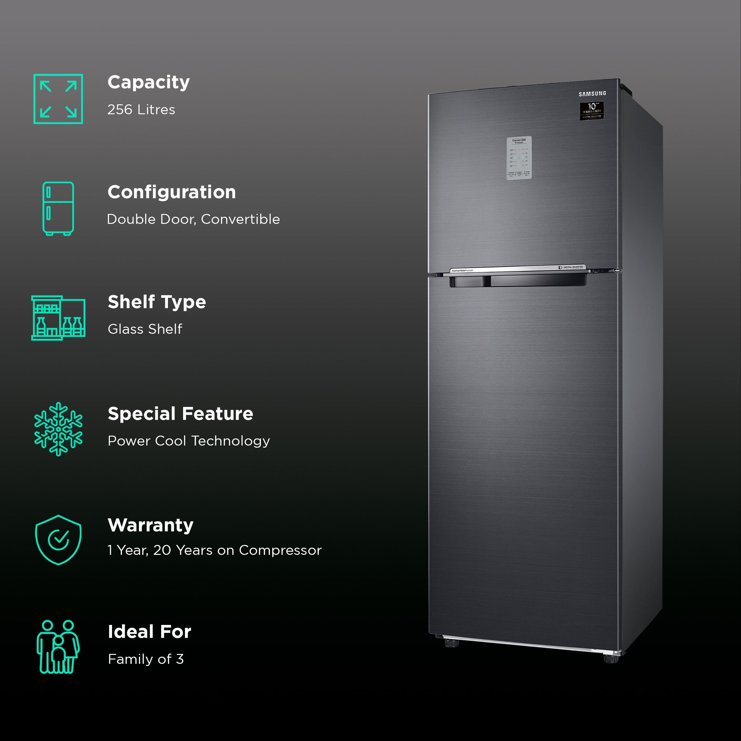 SAMSUNG 256 Litres 2 Star Frost Free Double Door Convertible Refrigerator with Smart Connect Inverter (RT30C3742BX/HL, Luxe Black) SAMSUNG 256 Litres 2 Star Frost Free Double Door Convertible Refrigerator with Smart Connect Inverter (RT30C3742BX/HL, Luxe Black)_2