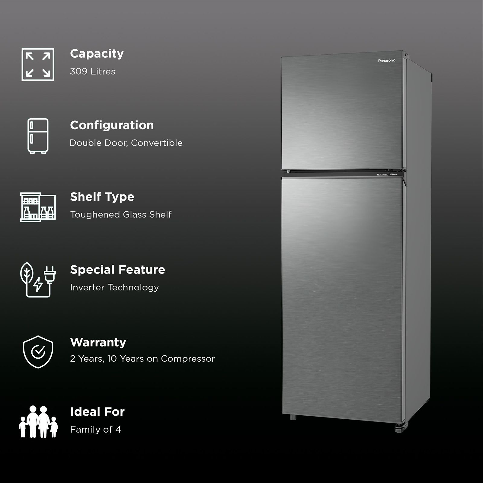 Panasonic Prime 275 Litres 3 Star Frost Free Double Door Convertible Refrigerator with AG Clean Technology (NR-TG327CVHN, Electric Grey)_2