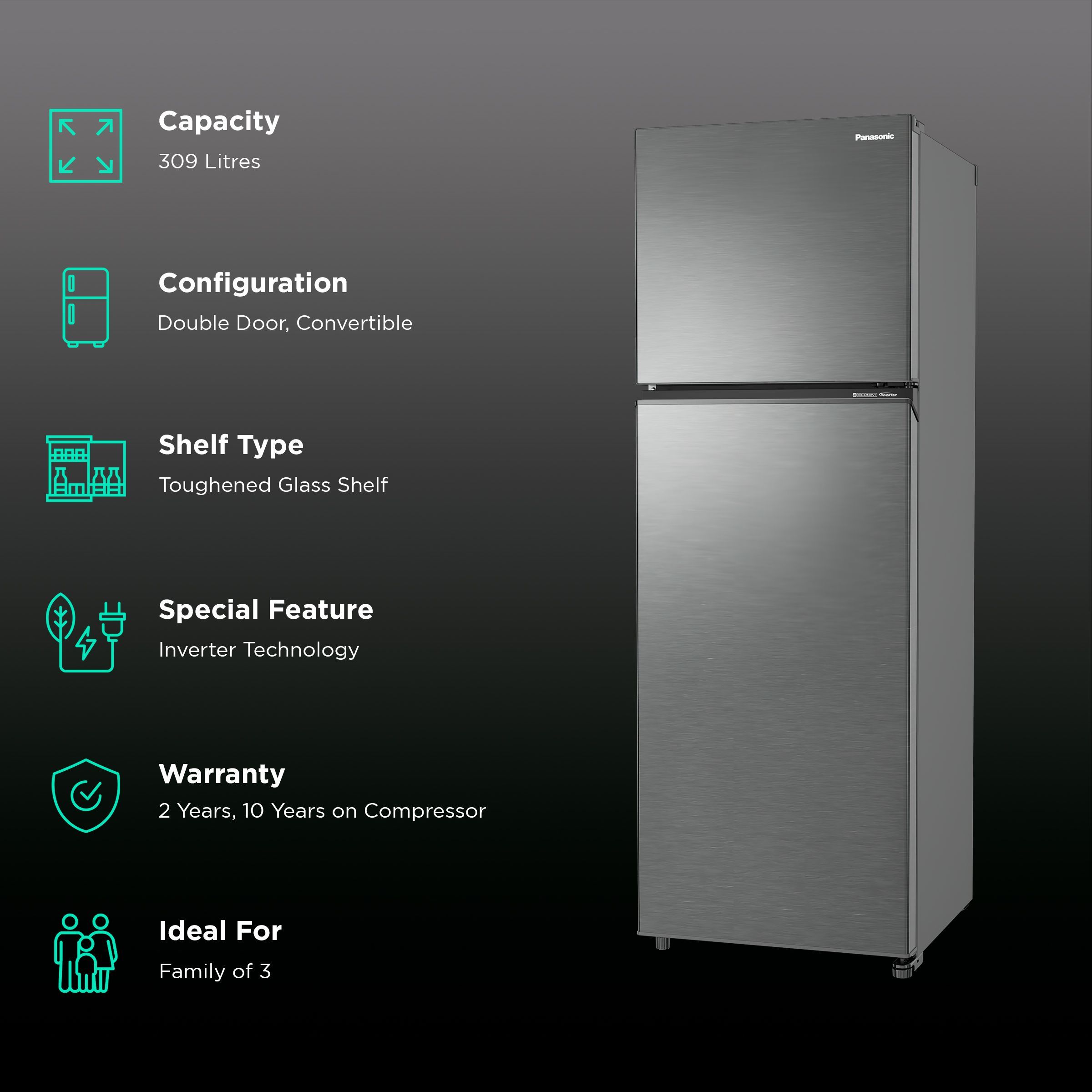 Panasonic Prime 275 Litres 3 Star Frost Free Double Door Convertible Refrigerator with AG Clean Technology (NR-TG327CVHN, Electric Grey) Panasonic Prime 275 Litres 3 Star Frost Free Double Door Convertible Refrigerator with AG Clean Technology (NR-TG327CVHN, Electric Grey)_2