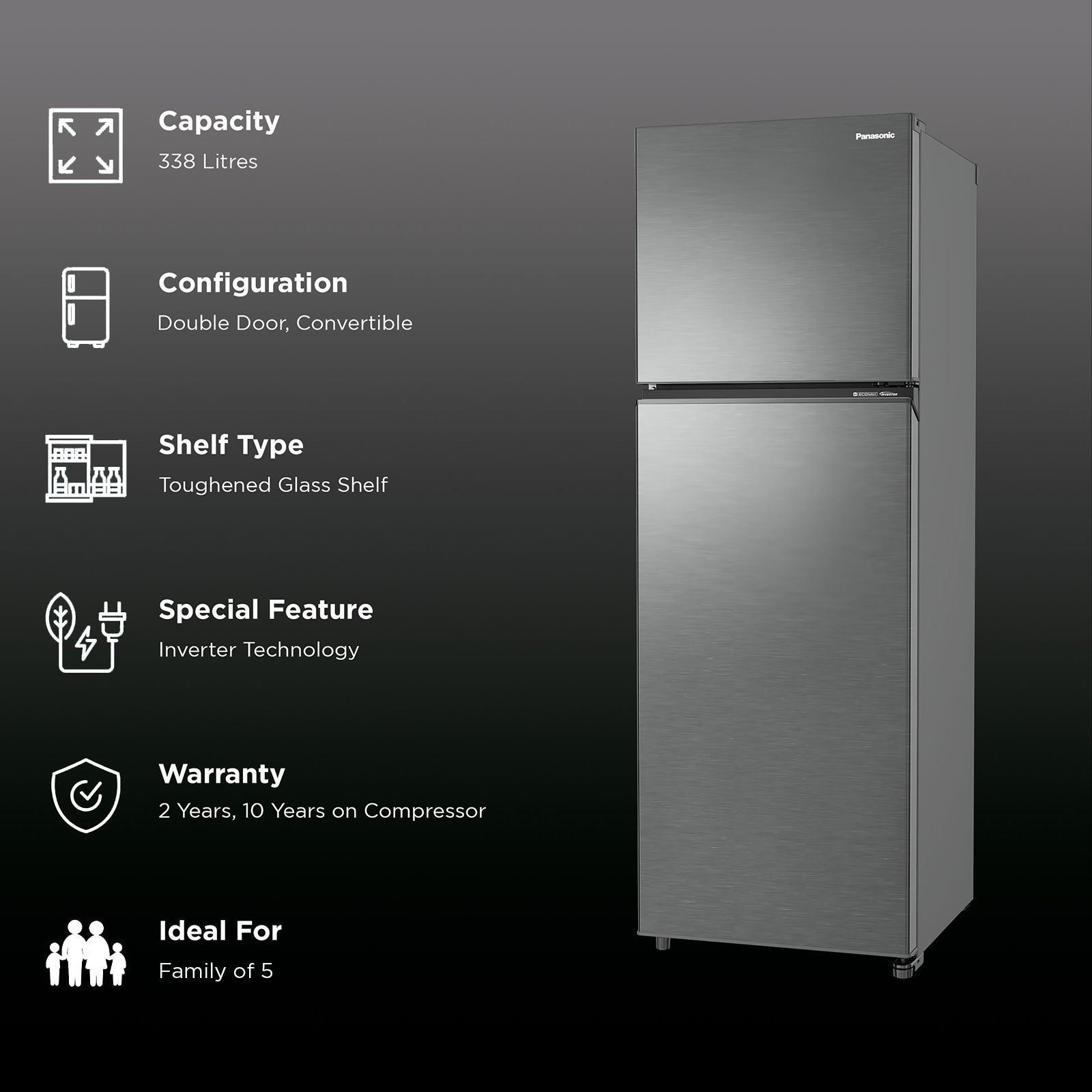 Panasonic Prime 304 Litres 3 Star Frost Free Double Door Convertible Refrigerator with AG Clean Technology (NR-TG357CVHN, Electric Grey)_2