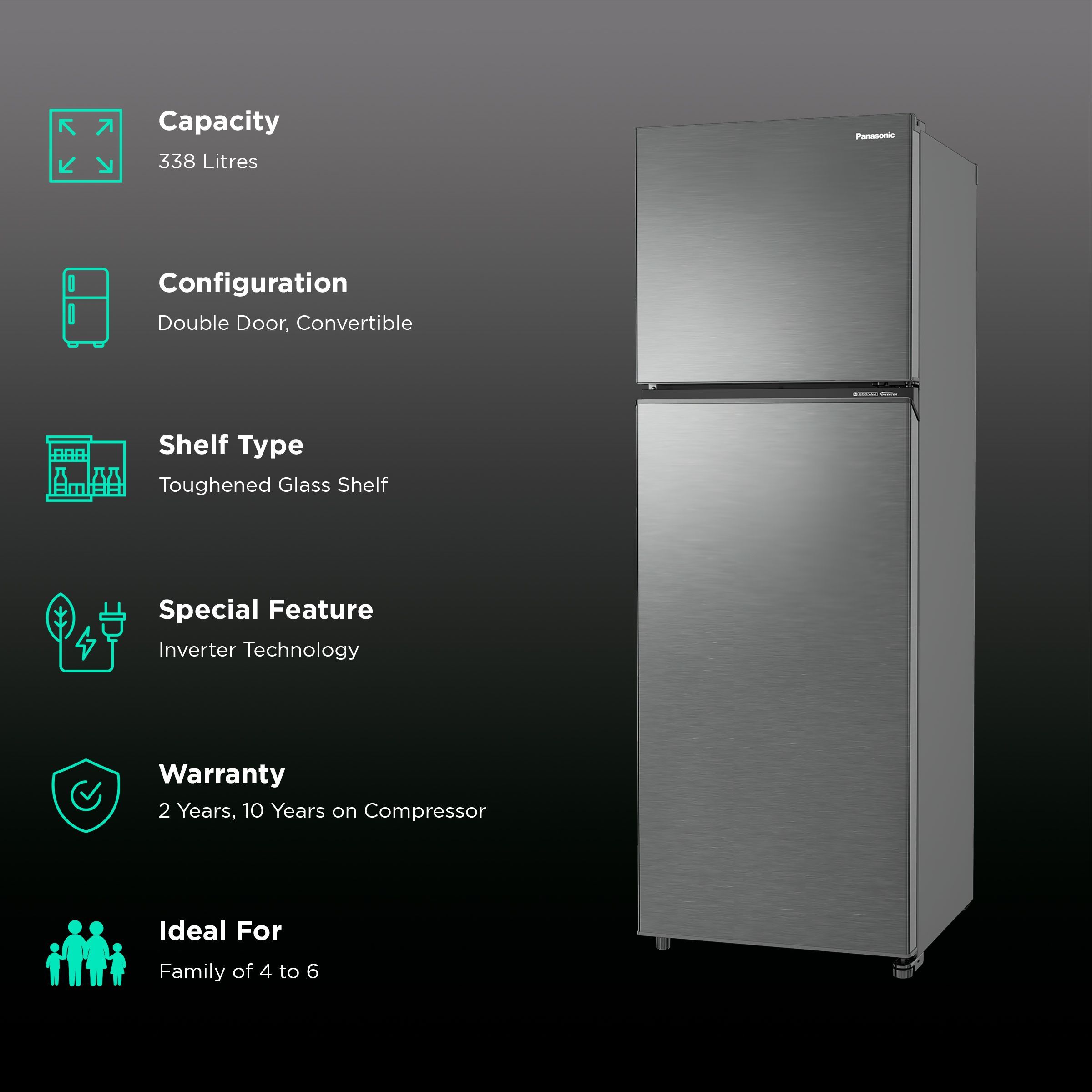 Panasonic Prime  304 Litres 3 Star Frost Free Double Door Convertible Refrigerator with AG Clean Technology (NR-TG357CVHN, Electric Grey)_2