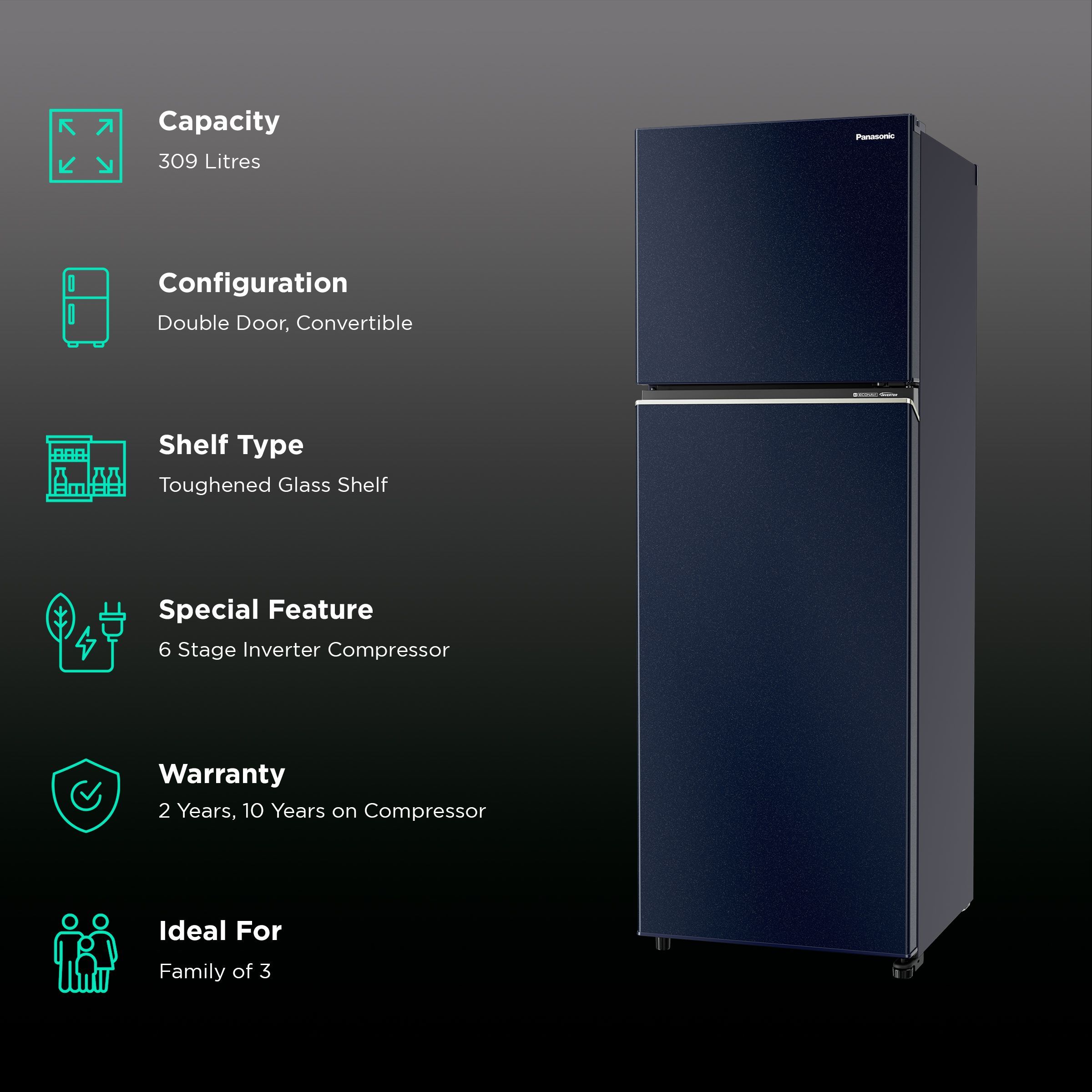 Panasonic Prime  275 Litres 3 Star Frost Free Double Door Convertible Refrigerator with AG Clean Technology (NR-TG328CPAN, Ocean Blue)_2