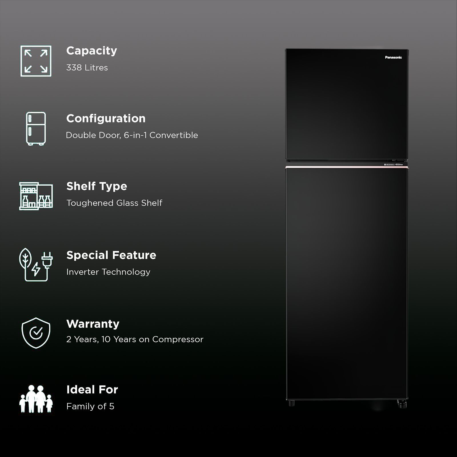 Panasonic Prime 304 Litres 3 Star Frost Free Double Door Convertible Refrigerator with AG Clean Technology (NR-TG358CPKN, Diamond Black) Panasonic Prime 304 Litres 3 Star Frost Free Double Door Convertible Refrigerator with AG Clean Technology (NR-TG358CPKN, Diamond Black)_2
