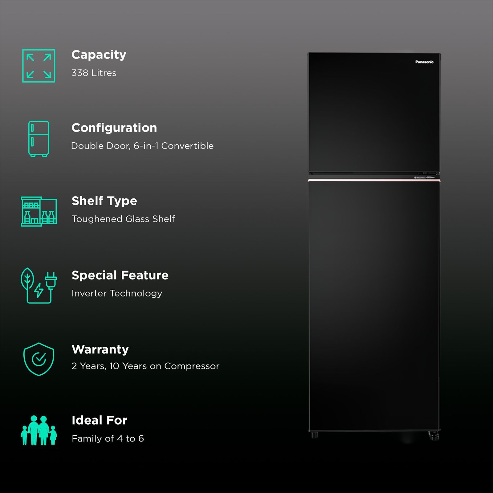 Panasonic Prime 304 Litres 3 Star Frost Free Double Door Convertible Refrigerator with AG Clean Technology (NR-TG358CPKN, Diamond Black) Panasonic Prime 304 Litres 3 Star Frost Free Double Door Convertible Refrigerator with AG Clean Technology (NR-TG358CPKN, Diamond Black)_2