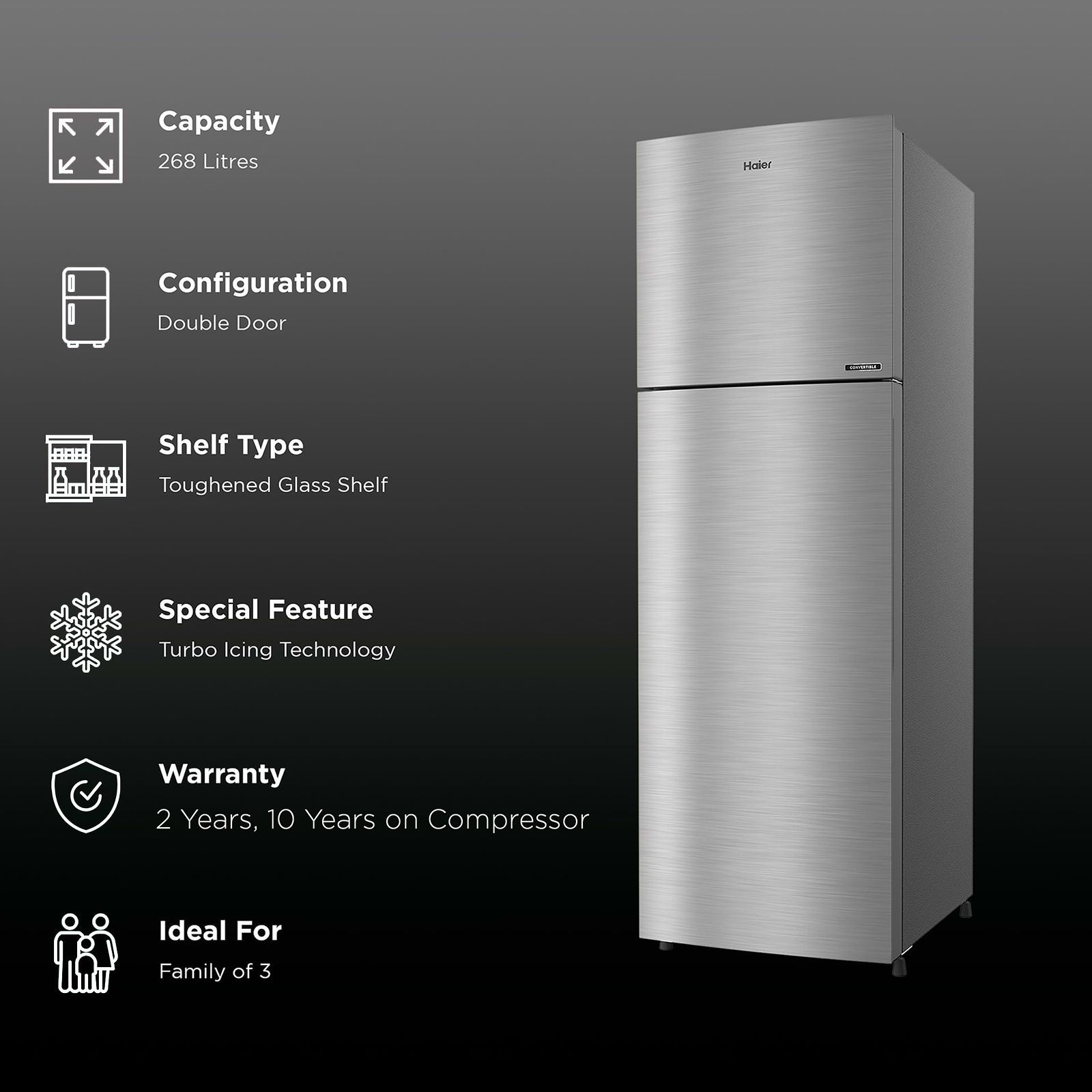 Haier 268 Litres 2 Star Frost Free Double Door Convertible Refrigerator with Turbo Icing (HRF-3182BIS-P, Inox Steel)_3